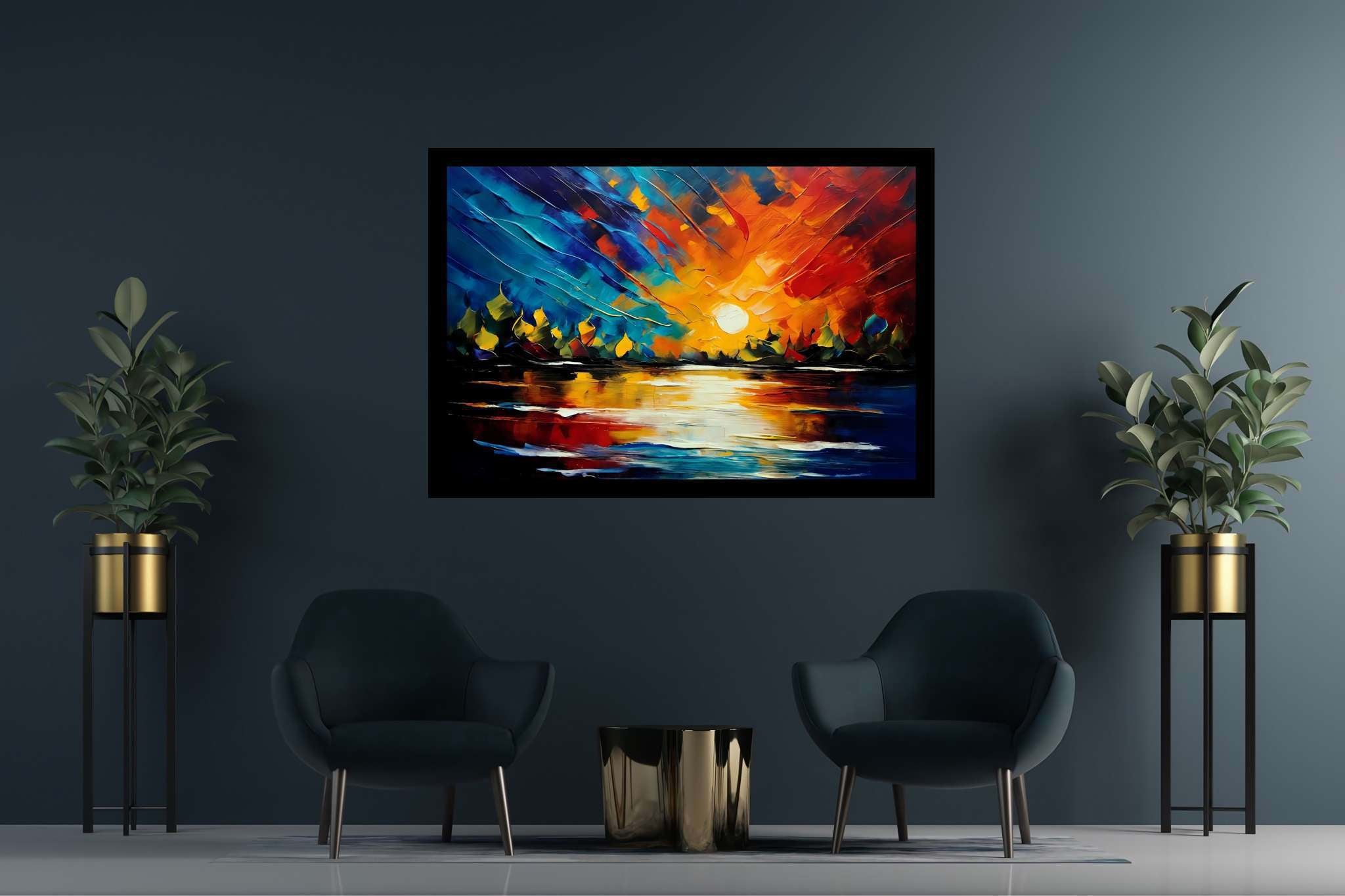 Amber veil dusk: Sunset art with sunset art, in a room with chic decor, photographic wall art, and home styling items. The art can be printed on poster, framed poster, canvas, metal, acrylic or wood, exclusively at WallArtZen. Find this exact print at https://wallartzen.com/waz4