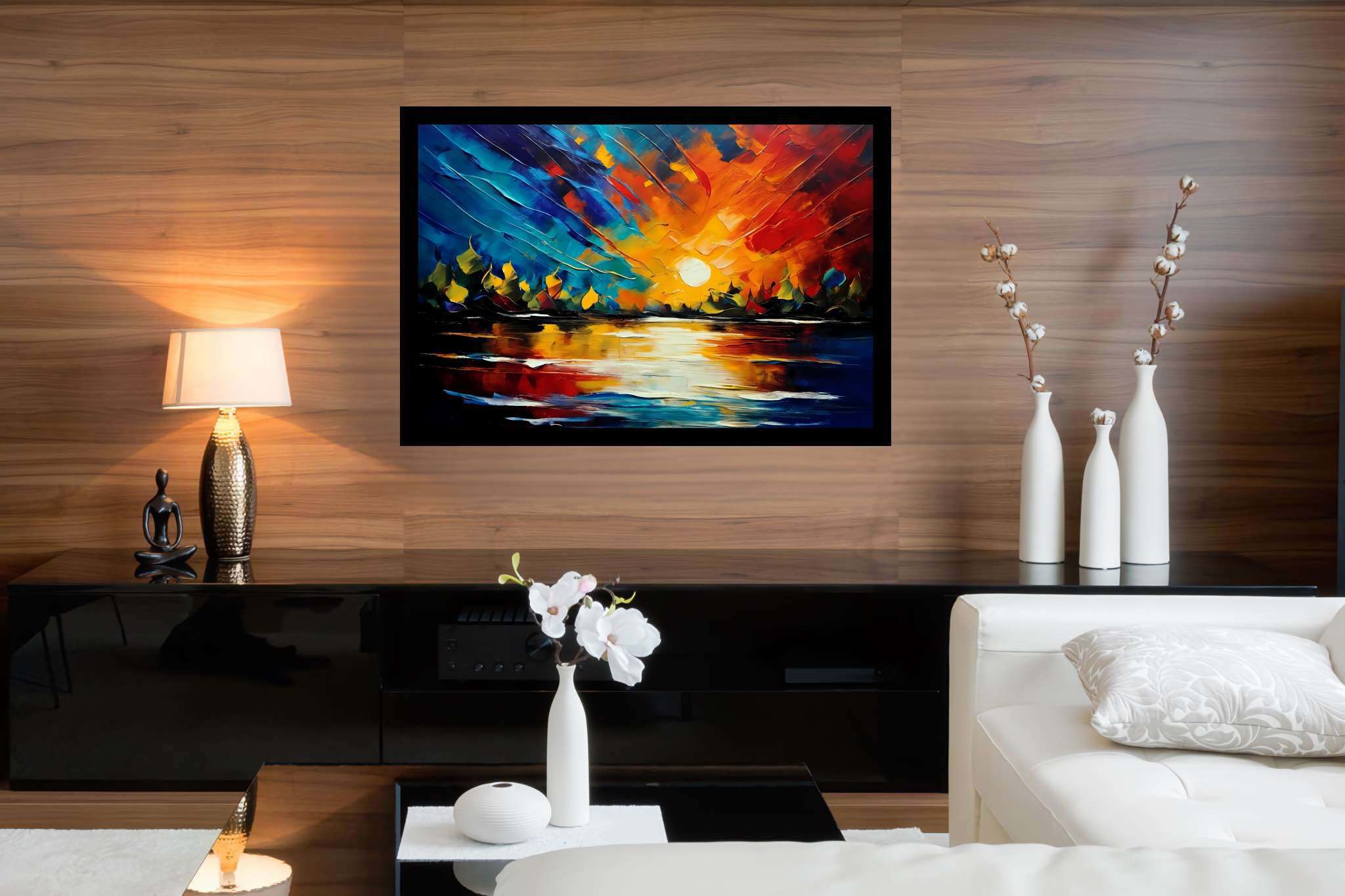 Amber veil dusk: Sunset art with sunset painting, in a room with urban design, abstract paintings, and decorative pieces. The art can be printed on poster, framed poster, canvas, metal, acrylic or wood, exclusively at WallArtZen. Find this exact print at https://wallartzen.com/waz4