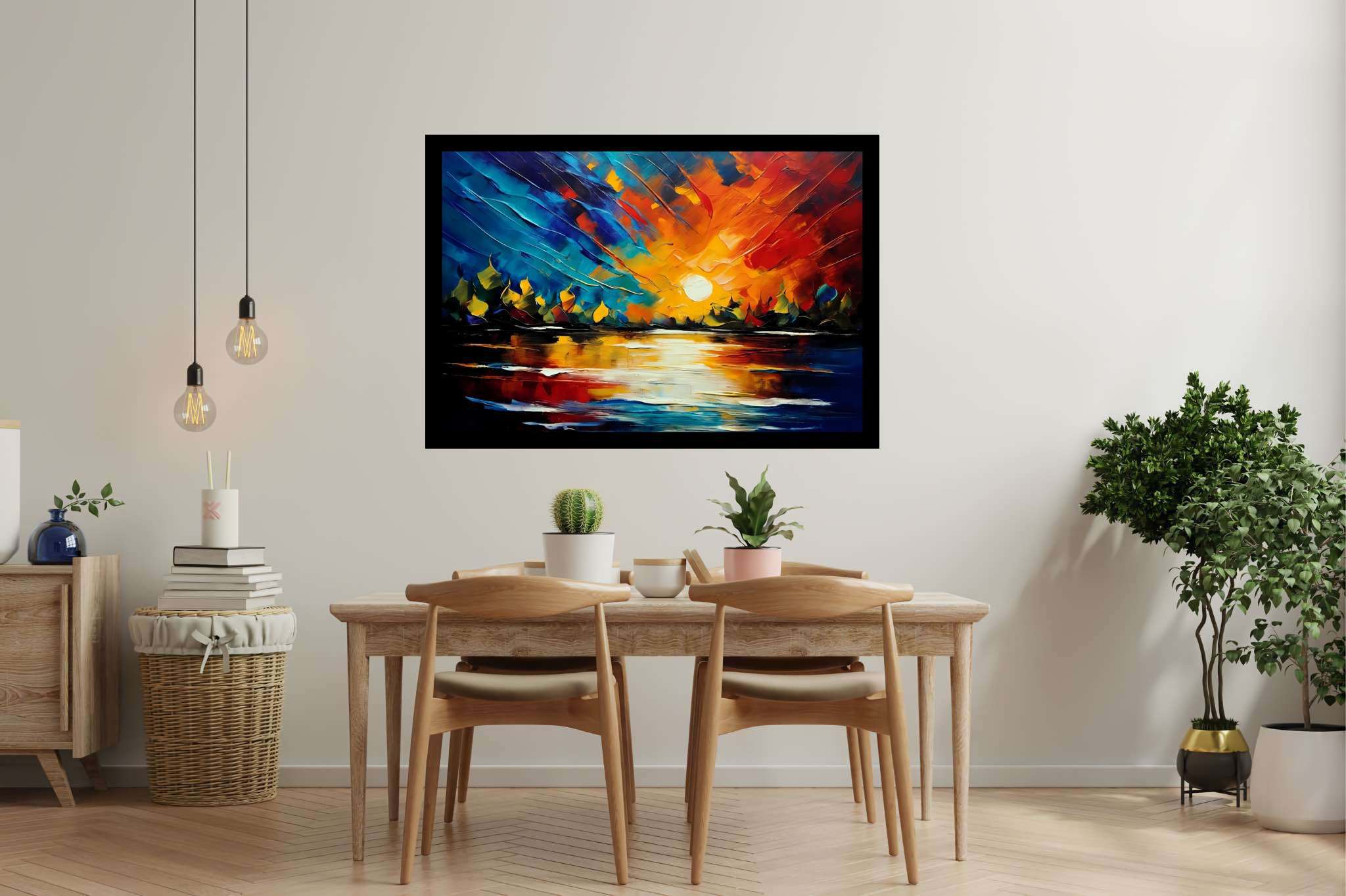 Amber veil dusk: Sunset art with sunset art, in a room with chic decor, wall art, and decorative pieces. The art can be printed on poster, framed poster, canvas, metal, acrylic or wood, exclusively at WallArtZen. Find this exact print at https://wallartzen.com/waz4