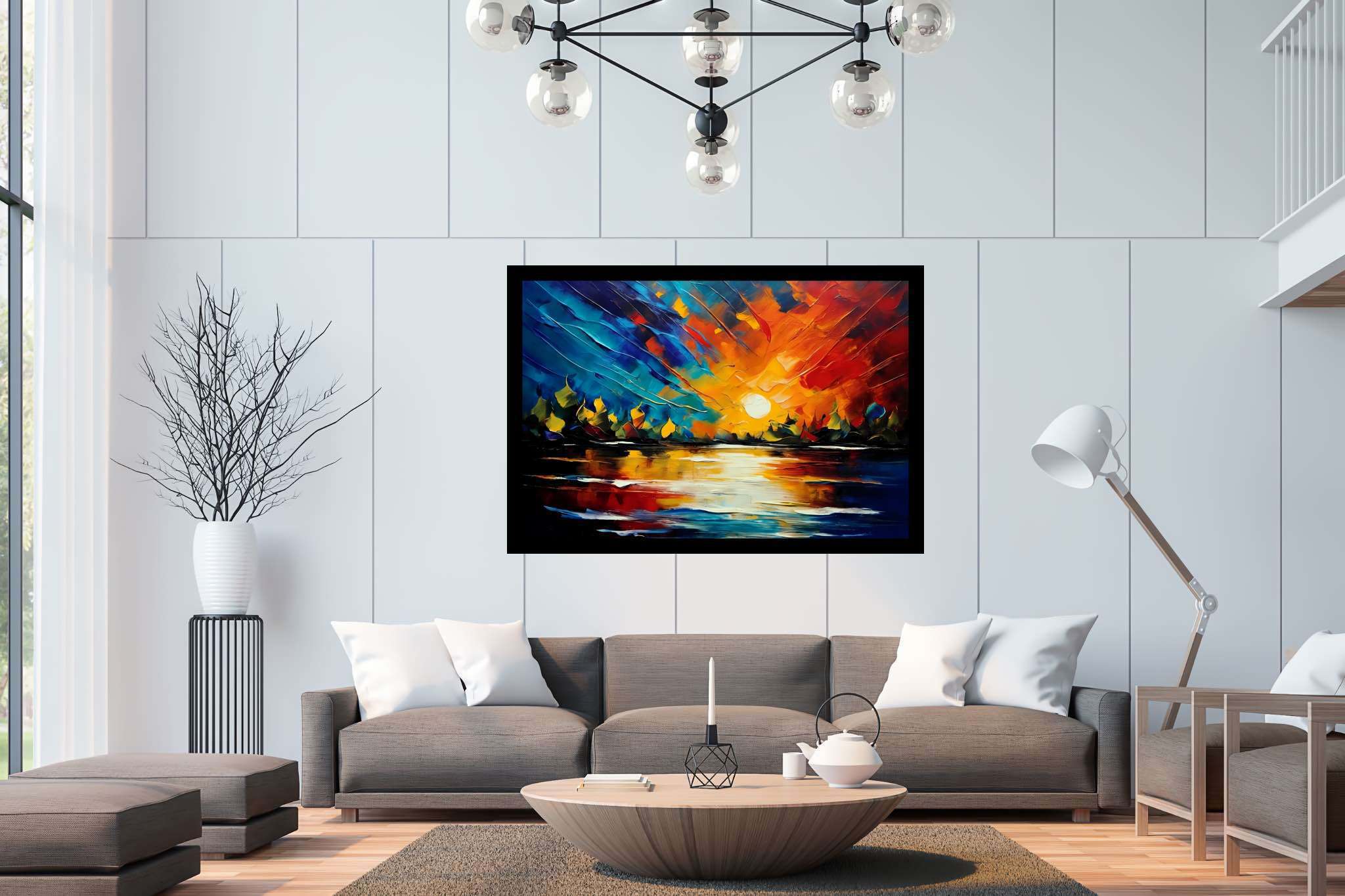 Amber veil dusk: Sunset art with golden hour art, in a room with innovative layout, wall hangings, and artisan decor. The art can be printed on poster, framed poster, canvas, metal, acrylic or wood, exclusively at WallArtZen. Find this exact print at https://wallartzen.com/waz4