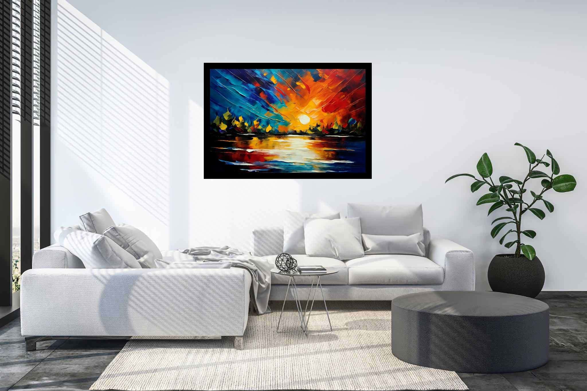 Amber veil dusk: Sunset art with sunset art, in a room with chic decor, mural artworks, and elegant home goods. The art can be printed on poster, framed poster, canvas, metal, acrylic or wood, exclusively at WallArtZen. Find this exact print at https://wallartzen.com/waz4