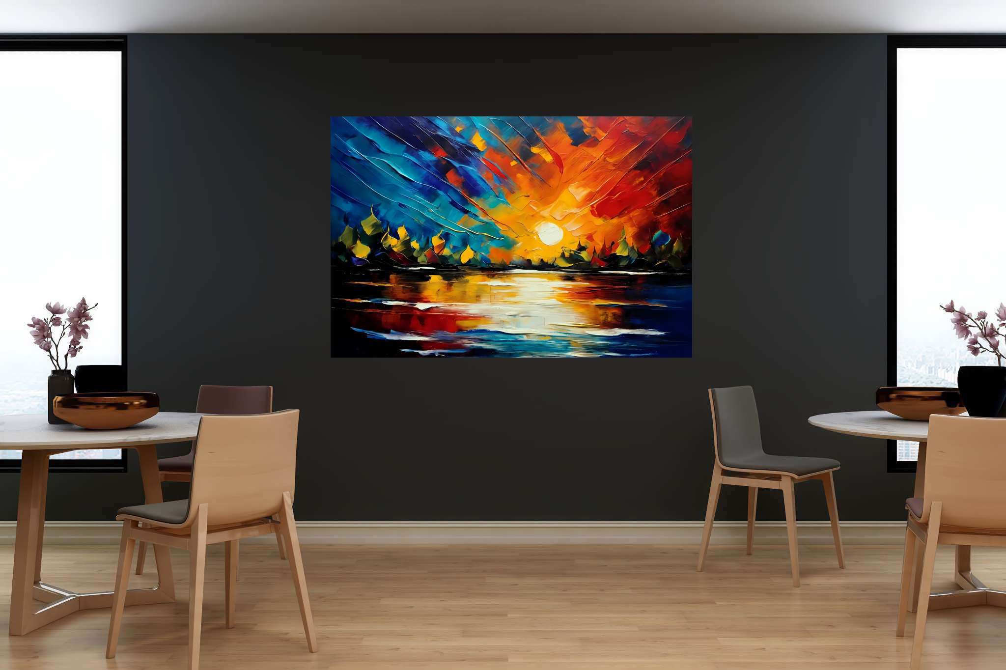 Amber veil dusk: Sunset art with golden hour art, in a room with innovative layout, framed art, and stylish accessories. The art can be printed on poster, framed poster, canvas, metal, acrylic or wood, exclusively at WallArtZen. Find this exact print at https://wallartzen.com/waz4