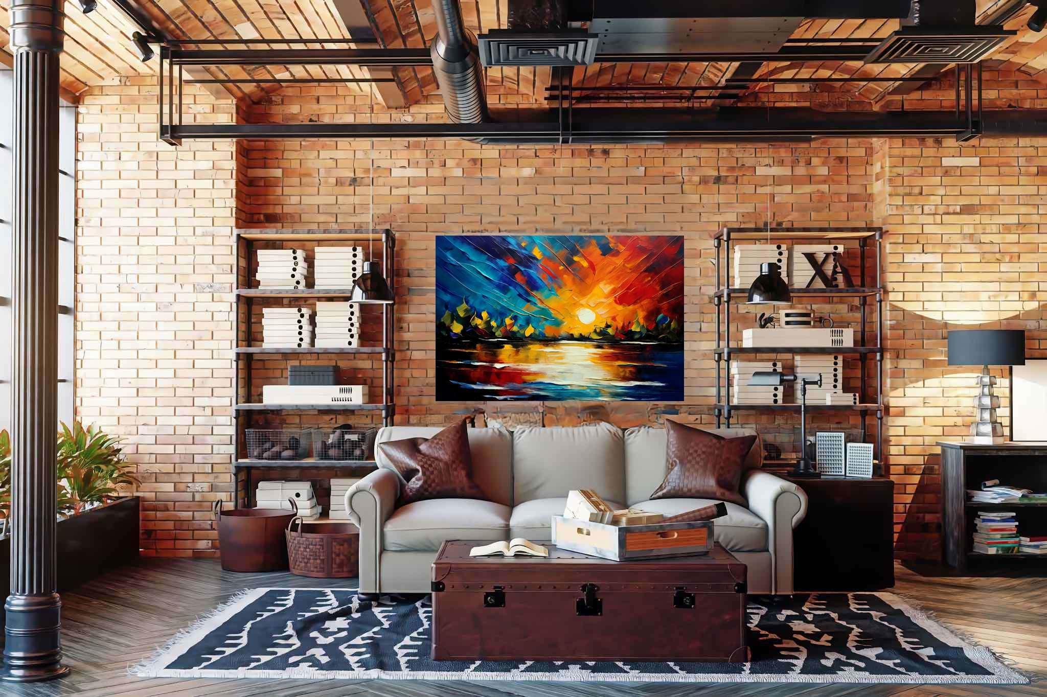 Amber veil dusk: Sunset art with sunset photography, in a room with modern style, digital art pieces, and designer furniture. The art can be printed on poster, framed poster, canvas, metal, acrylic or wood, exclusively at WallArtZen. Find this exact print at https://wallartzen.com/waz4