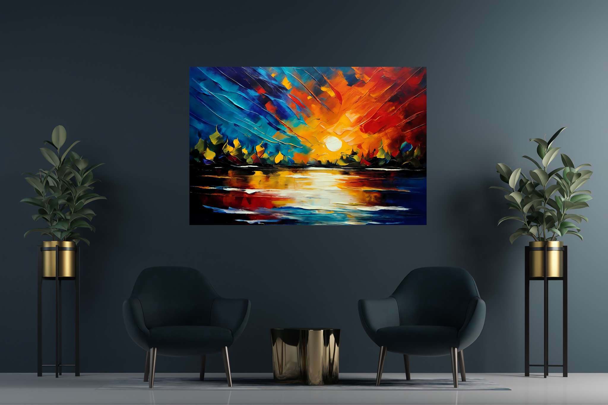 Amber veil dusk: Sunset art with golden hour art, in a room with modern style, photographic wall art, and home styling items. The art can be printed on poster, framed poster, canvas, metal, acrylic or wood, exclusively at WallArtZen. Find this exact print at https://wallartzen.com/waz4