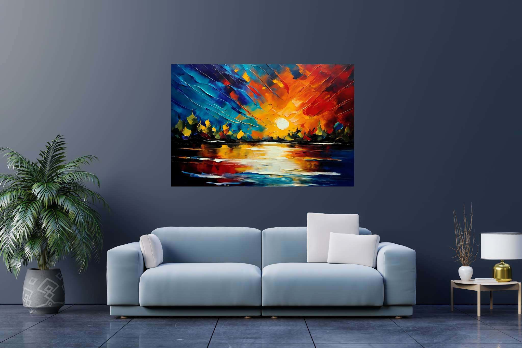 Amber veil dusk: Sunset art with sunset painting, in a room with innovative layout, canvas prints, and decorative pieces. The art can be printed on poster, framed poster, canvas, metal, acrylic or wood, exclusively at WallArtZen. Find this exact print at https://wallartzen.com/waz4