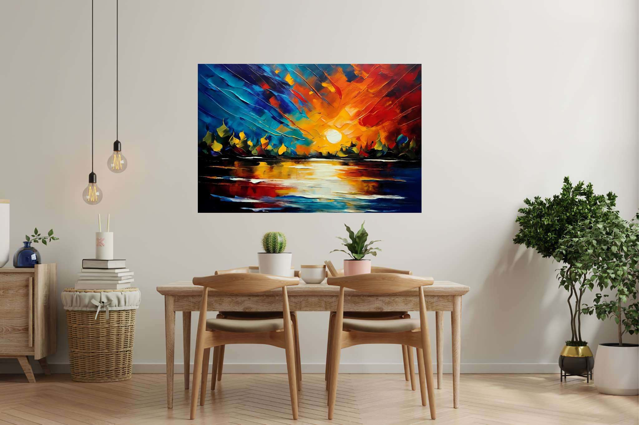 Amber veil dusk: Sunset art with dramatic sunset, in a room with great design, fine art prints, and elegant home goods. The art can be printed on poster, framed poster, canvas, metal, acrylic or wood, exclusively at WallArtZen. Find this exact print at https://wallartzen.com/waz4
