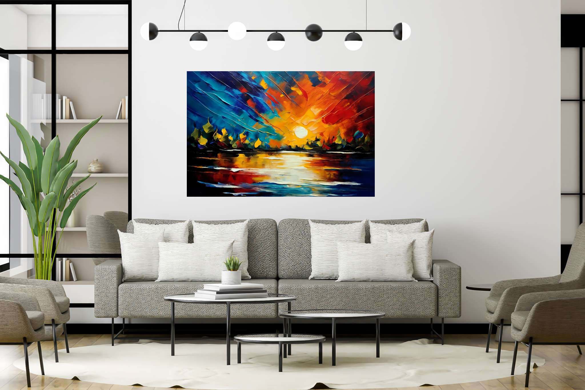 Amber veil dusk: Sunset art with nature inspired art, in a room with classic elegance, fine art prints, and interior decorations. The art can be printed on poster, framed poster, canvas, metal, acrylic or wood, exclusively at WallArtZen. Find this exact print at https://wallartzen.com/waz4