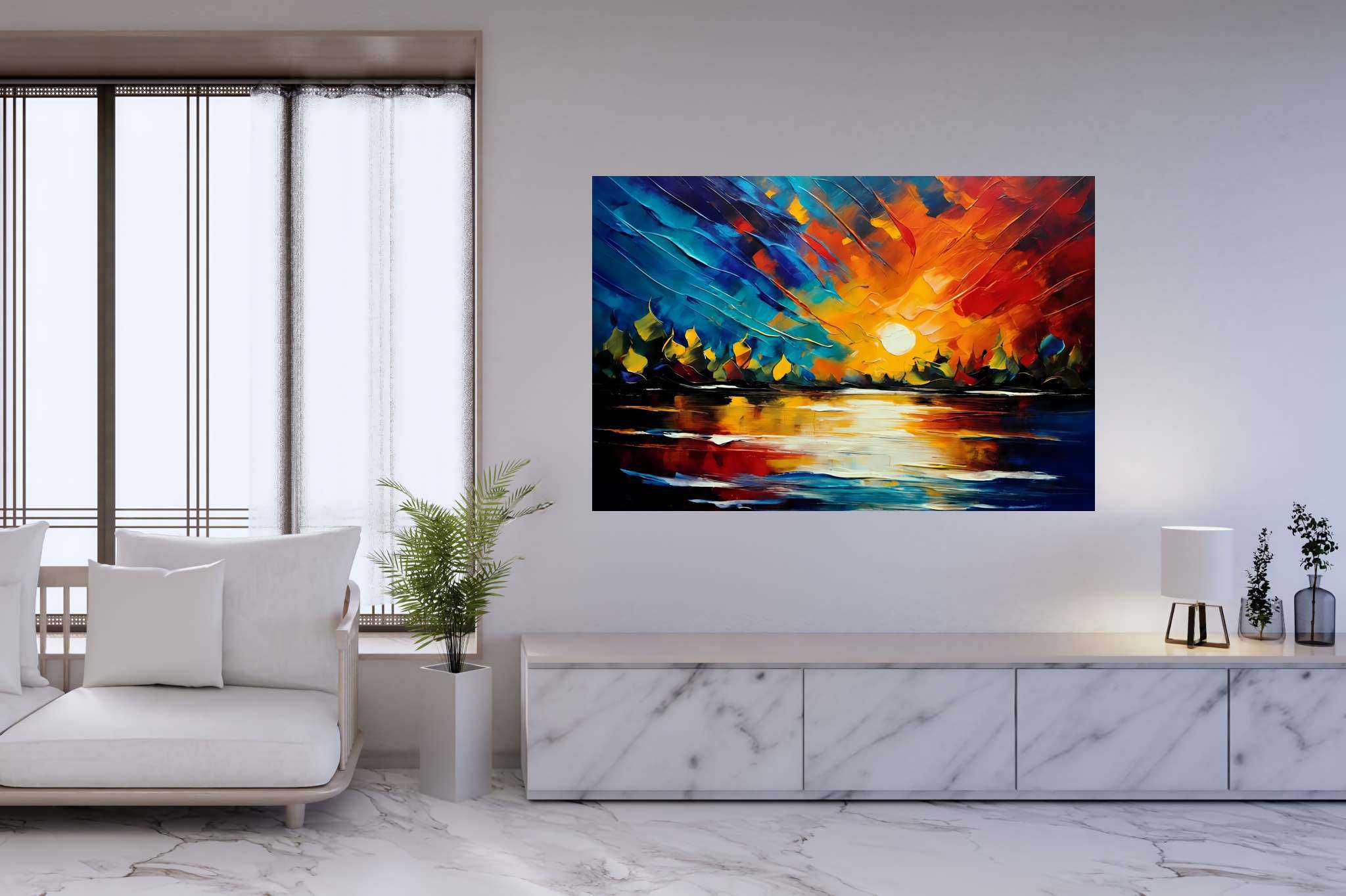 Amber veil dusk: Sunset art with sunset photography, in a room with great design, fine art prints, and decorative pieces. The art can be printed on poster, framed poster, canvas, metal, acrylic or wood, exclusively at WallArtZen. Find this exact print at https://wallartzen.com/waz4