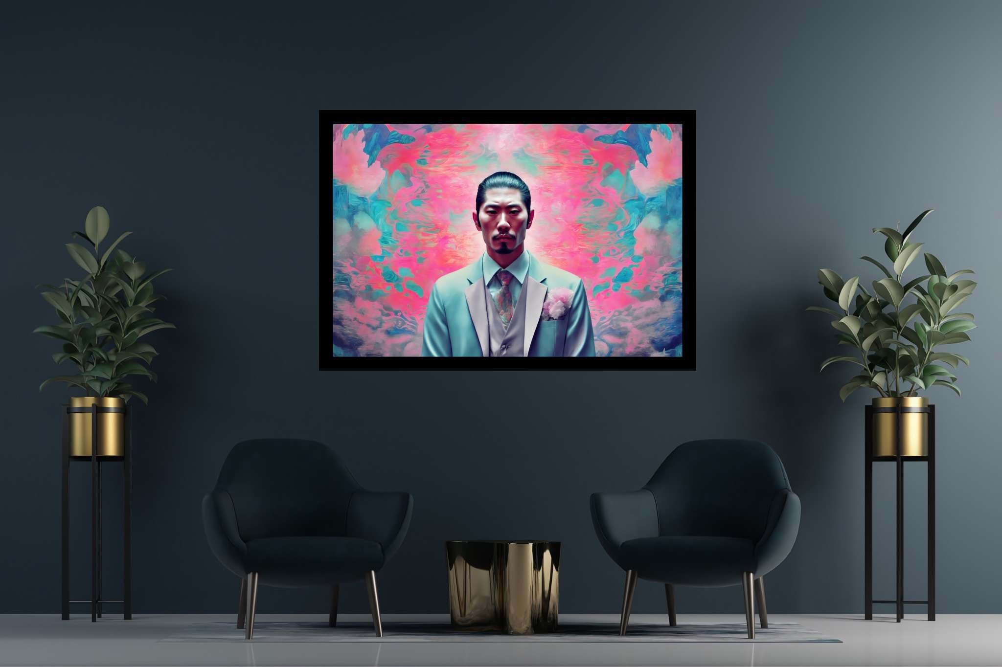Dreamscape dandy in pink: Surreal art with whimsical artworks, in a room with contemporary flair, digital art pieces, and decorative pieces. The art can be printed on poster, framed poster, canvas, metal, acrylic or wood, exclusively at WallArtZen. Find this exact print at https://wallartzen.com/waz50