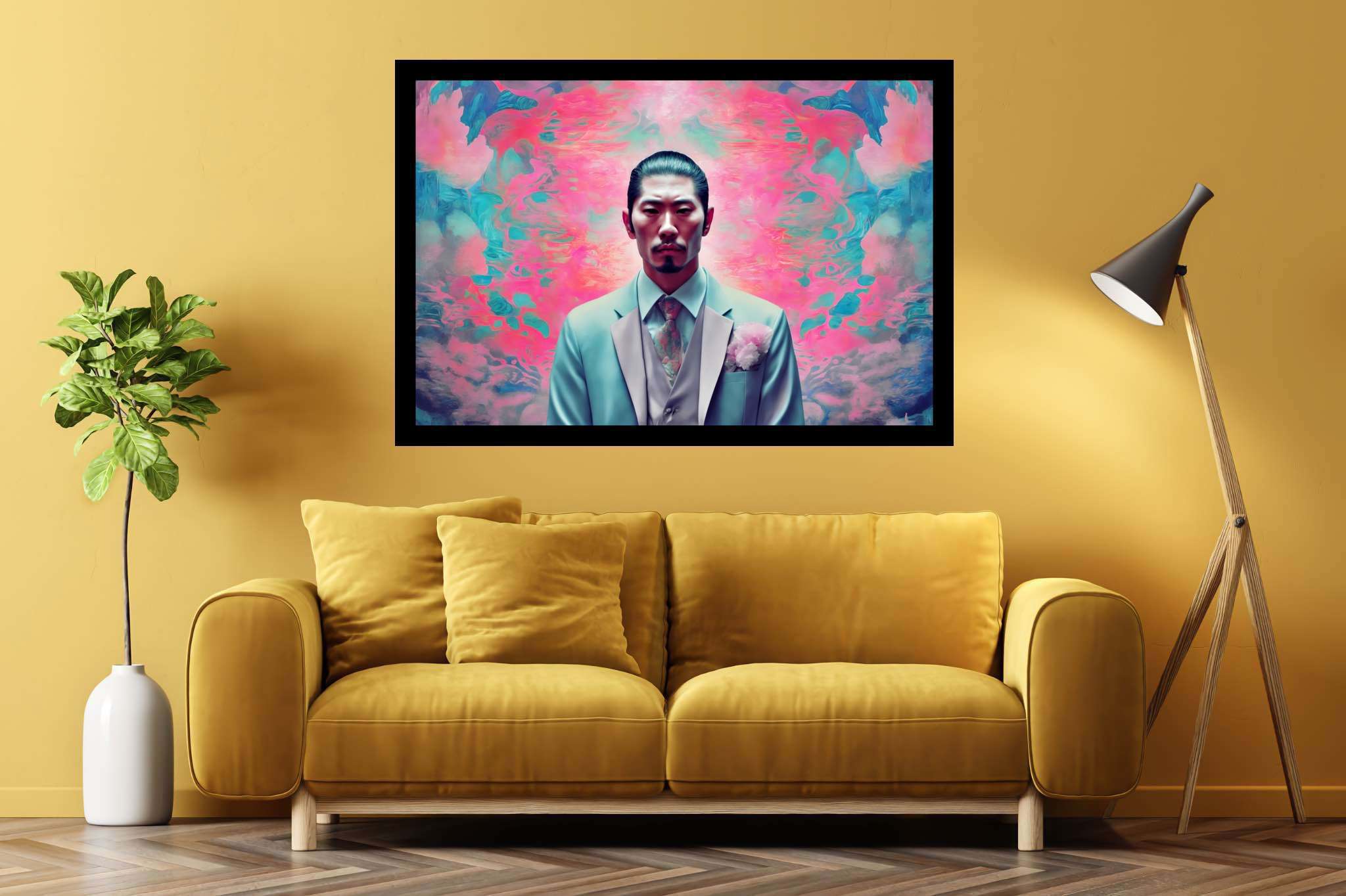 Dreamscape dandy in pink: Surreal art with metaphysical images, in a room with innovative layout, bespoke art designs, and designer furniture. The art can be printed on poster, framed poster, canvas, metal, acrylic or wood, exclusively at WallArtZen. Find this exact print at https://wallartzen.com/waz50