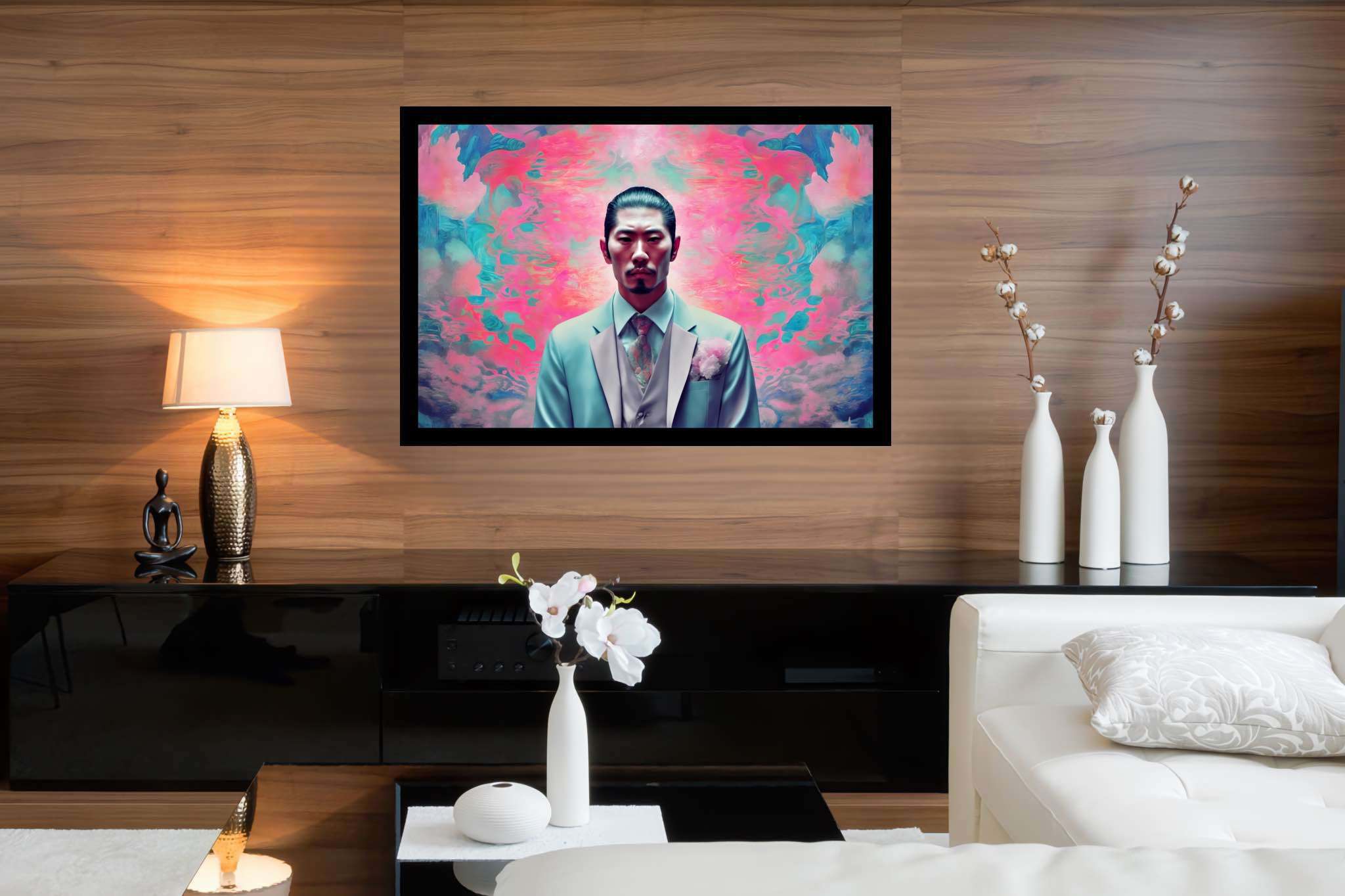 Dreamscape dandy in pink: Surreal art with subconscious expressions, in a room with elegant layout, abstract paintings, and interior decorations. The art can be printed on poster, framed poster, canvas, metal, acrylic or wood, exclusively at WallArtZen. Find this exact print at https://wallartzen.com/waz50