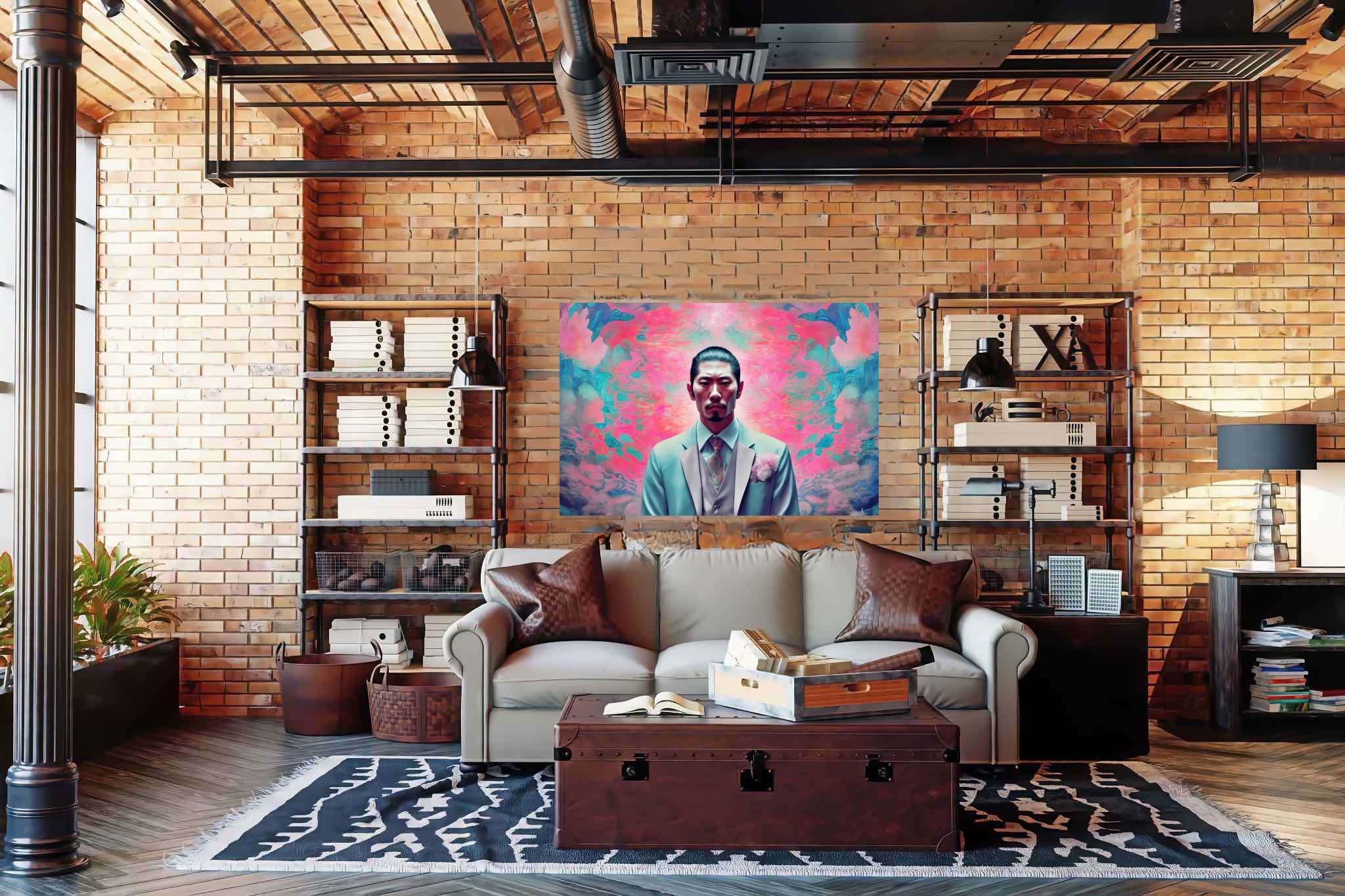 Dreamscape dandy in pink: Surreal art with symbolism in art, in a room with chic decor, wall art, and trendy home accents. The art can be printed on poster, framed poster, canvas, metal, acrylic or wood, exclusively at WallArtZen. Find this exact print at https://wallartzen.com/waz50