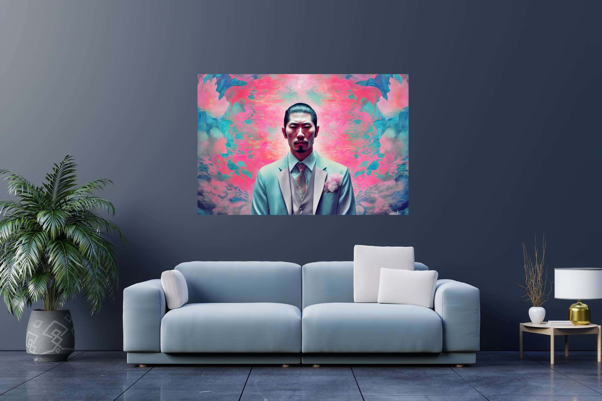 Dreamscape dandy in pink: Surreal art with visionary artwork, in a room with modern style, bespoke art designs, and elegant home goods. The art can be printed on poster, framed poster, canvas, metal, acrylic or wood, exclusively at WallArtZen. Find this exact print at https://wallartzen.com/waz50