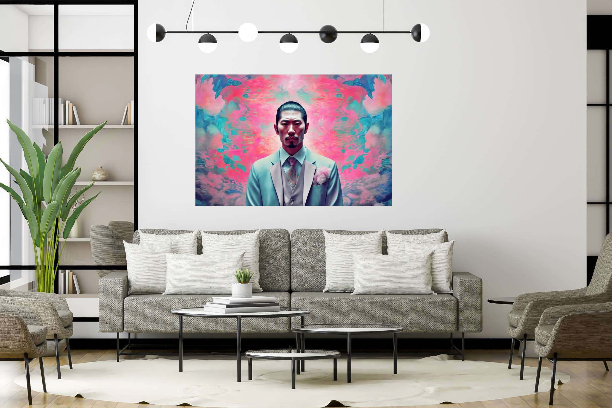 Dreamscape dandy in pink: Surreal art with abstract imagination, in a room with classic elegance, gallery-quality artwork, and interior decorations. The art can be printed on poster, framed poster, canvas, metal, acrylic or wood, exclusively at WallArtZen. Find this exact print at https://wallartzen.com/waz50