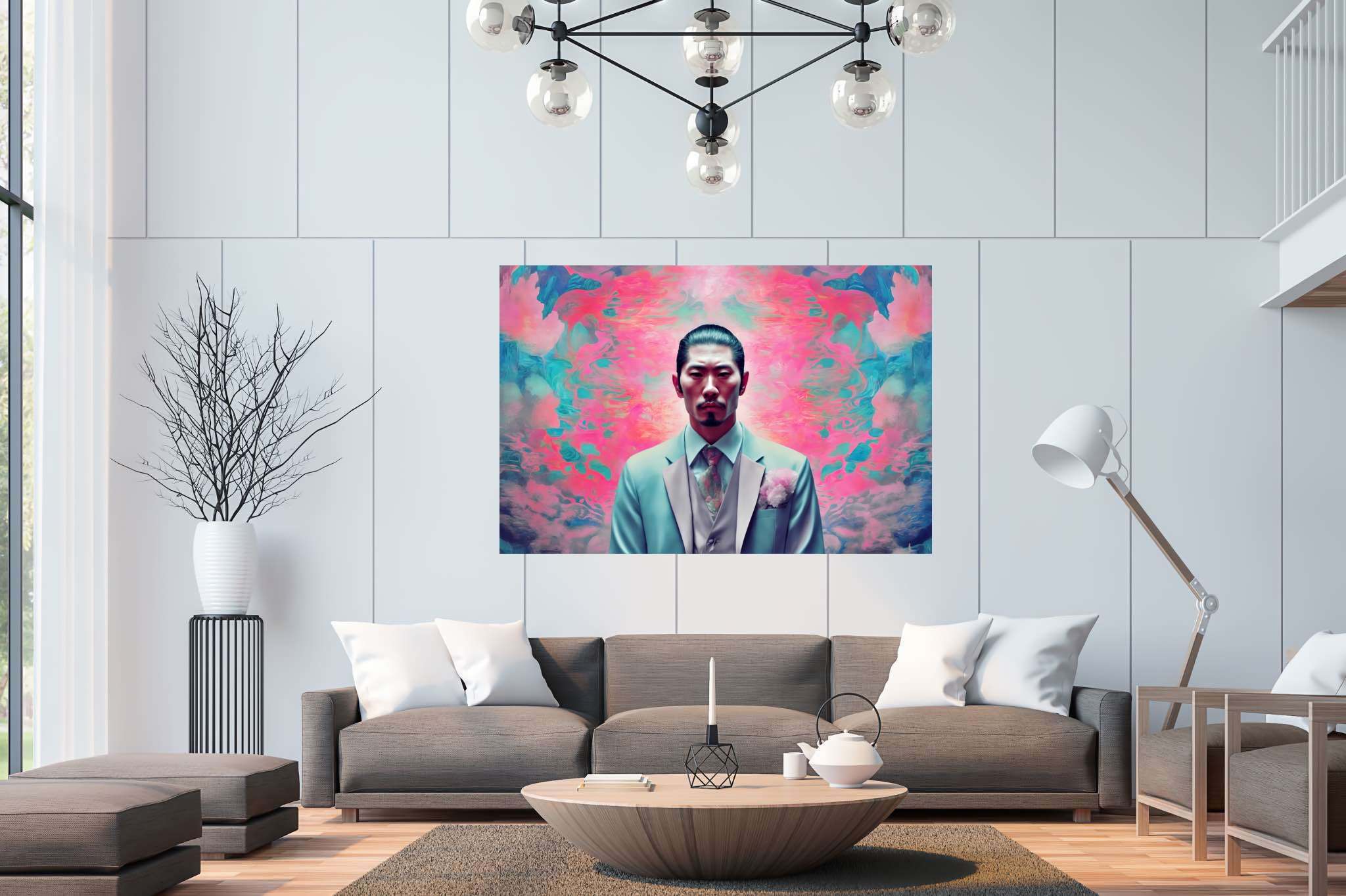 Dreamscape dandy in pink: Surreal art with fantastical illustrations, in a room with elegant layout, digital art pieces, and trendy home accents. The art can be printed on poster, framed poster, canvas, metal, acrylic or wood, exclusively at WallArtZen. Find this exact print at https://wallartzen.com/waz50
