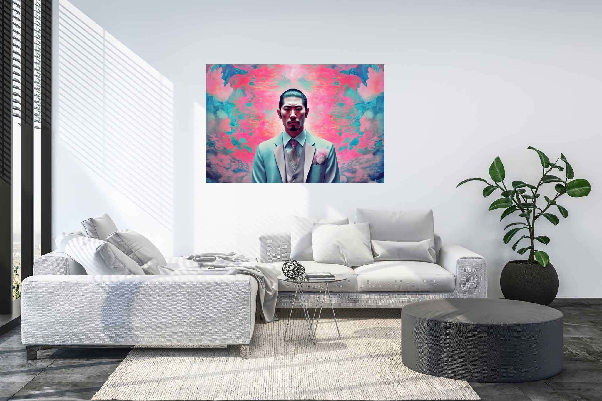 Dreamscape dandy in pink: Surreal art with mind-bending visuals, in a room with minimalist approach, wall art, and decorative pieces. The art can be printed on poster, framed poster, canvas, metal, acrylic or wood, exclusively at WallArtZen. Find this exact print at https://wallartzen.com/waz50