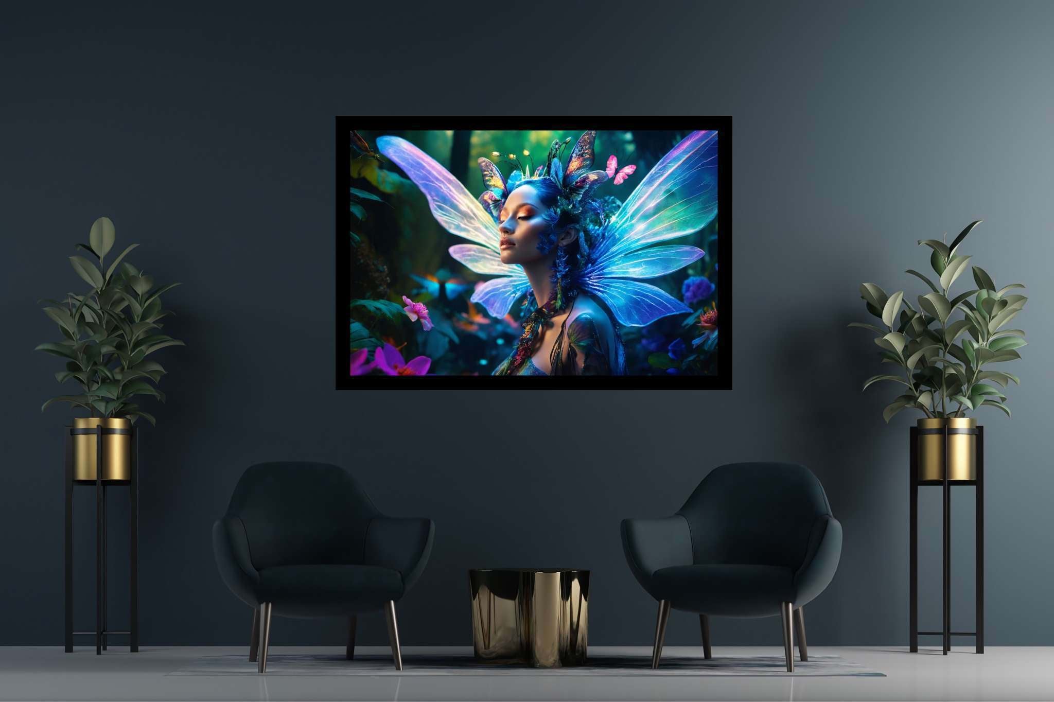 Butterfly enchantress dreamland: Whimsical art with imaginative artworks, in a room with great design, gallery-quality artwork, and interior decorations. The art can be printed on poster, framed poster, canvas, metal, acrylic or wood, exclusively at WallArtZen. Find this exact print at https://wallartzen.com/waz51