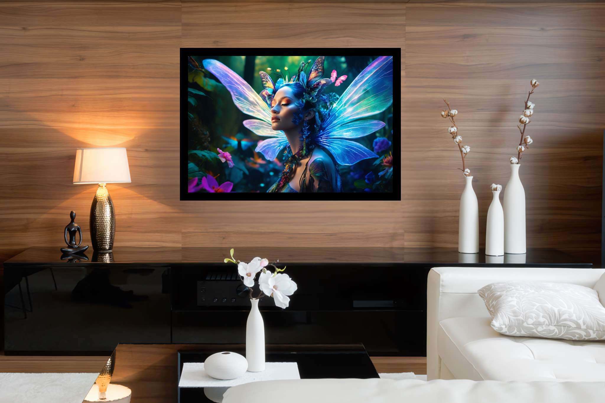 Butterfly enchantress dreamland: Whimsical art with enchanting visuals, in a room with chic decor, digital art pieces, and home furnishings. The art can be printed on poster, framed poster, canvas, metal, acrylic or wood, exclusively at WallArtZen. Find this exact print at https://wallartzen.com/waz51