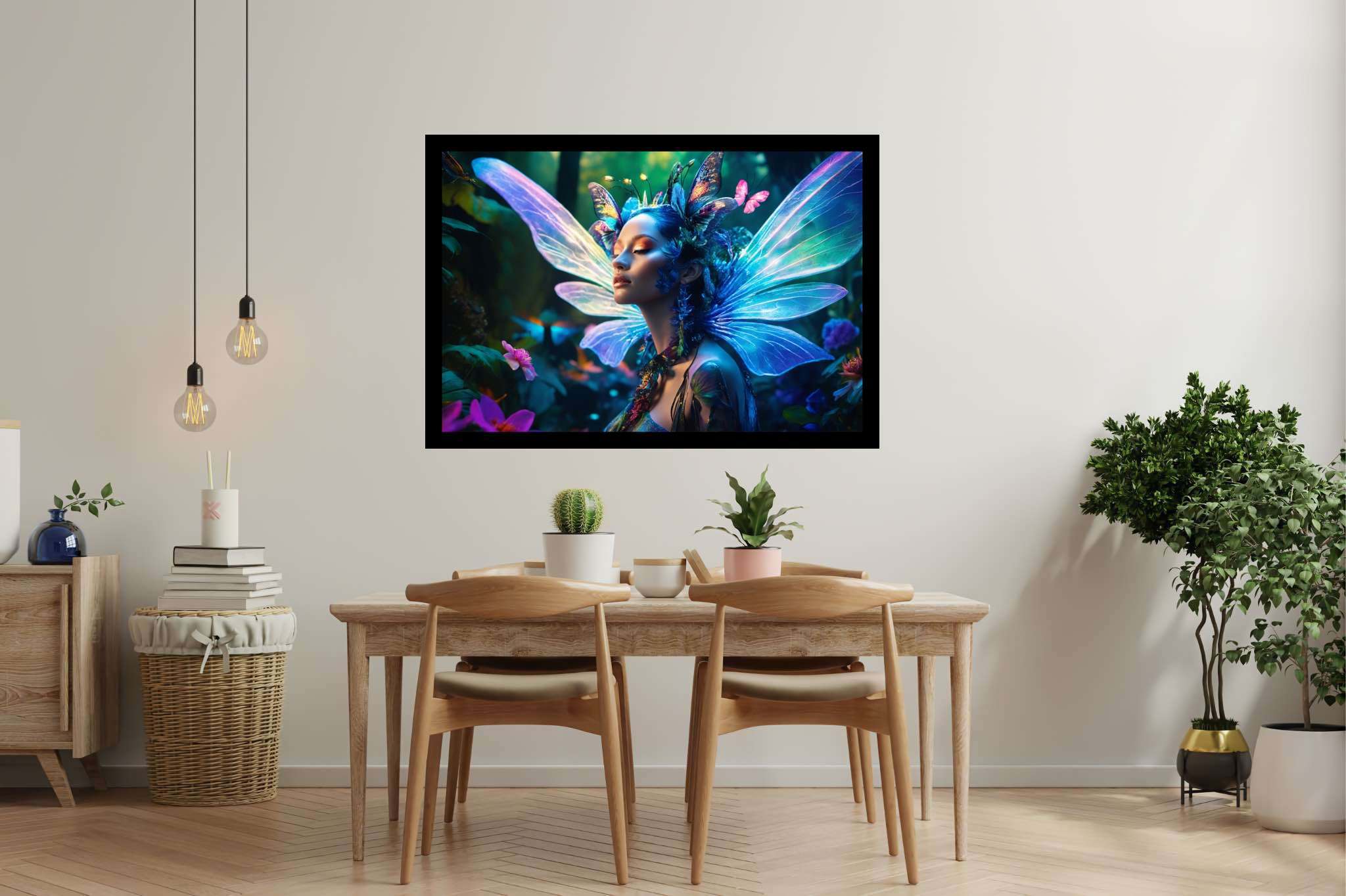 Butterfly enchantress dreamland: Whimsical art with surrealistic masterpieces, in a room with artistic style, gallery-quality artwork, and artisan decor. The art can be printed on poster, framed poster, canvas, metal, acrylic or wood, exclusively at WallArtZen. Find this exact print at https://wallartzen.com/waz51