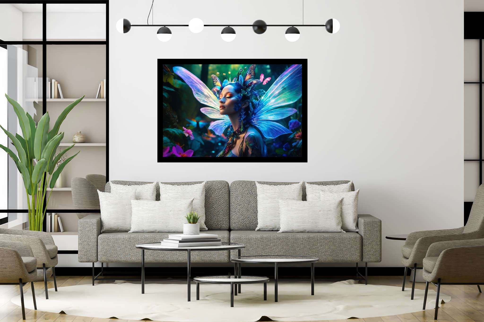 Butterfly enchantress dreamland: Whimsical art with imaginative landscapes, in a room with artistic style, canvas prints, and artisan decor. The art can be printed on poster, framed poster, canvas, metal, acrylic or wood, exclusively at WallArtZen. Find this exact print at https://wallartzen.com/waz51