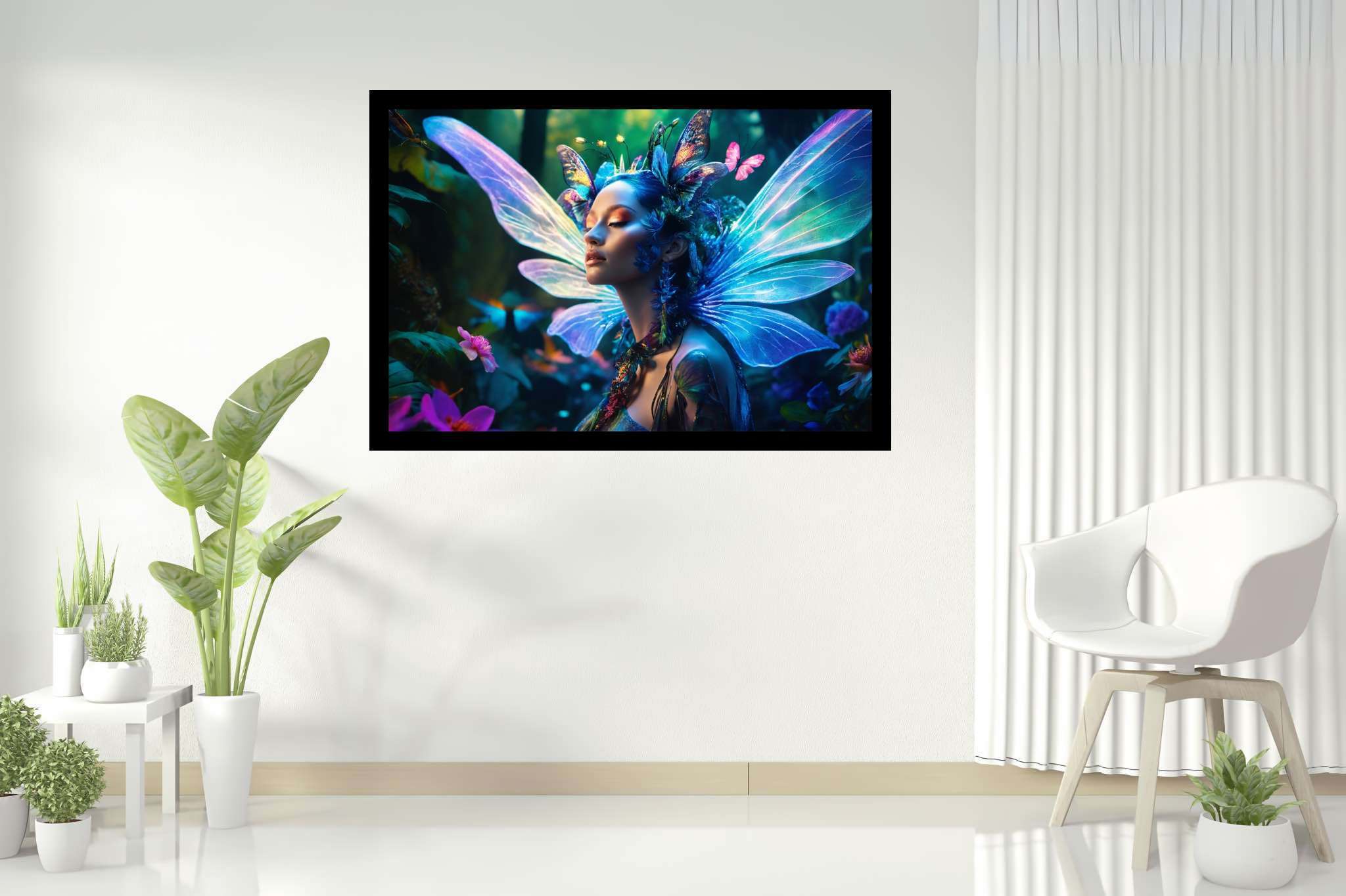 Butterfly enchantress dreamland: Whimsical art with whimsical art expressions, in a room with urban design, bespoke art designs, and home furnishings. The art can be printed on poster, framed poster, canvas, metal, acrylic or wood, exclusively at WallArtZen. Find this exact print at https://wallartzen.com/waz51
