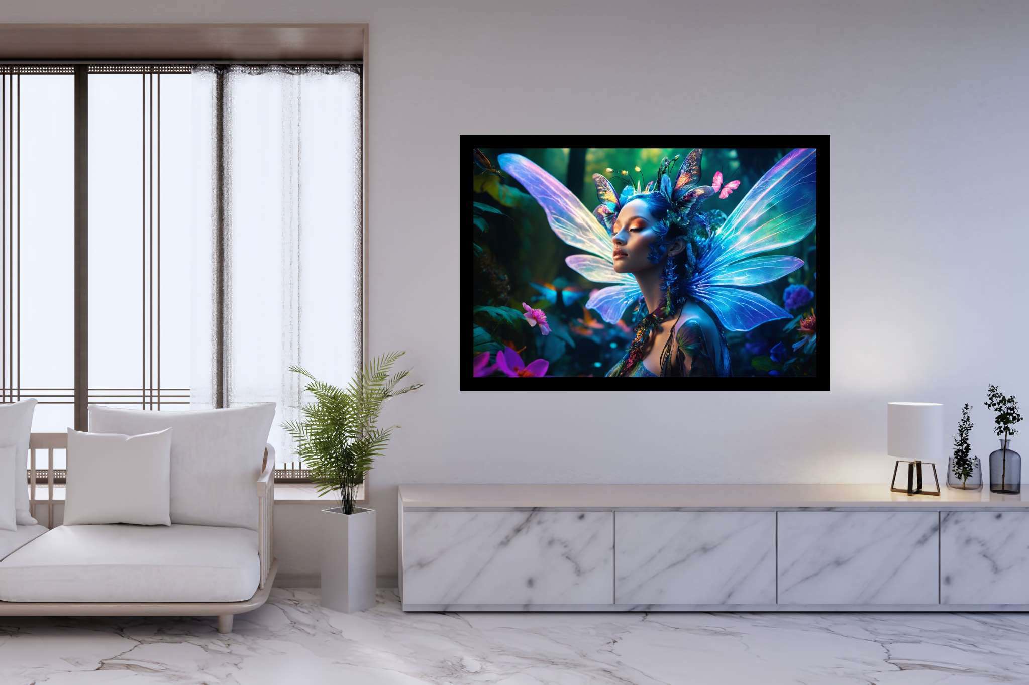 Butterfly enchantress dreamland: Whimsical art with surrealistic masterpieces, in a room with elegant layout, abstract paintings, and interior decorations. The art can be printed on poster, framed poster, canvas, metal, acrylic or wood, exclusively at WallArtZen. Find this exact print at https://wallartzen.com/waz51