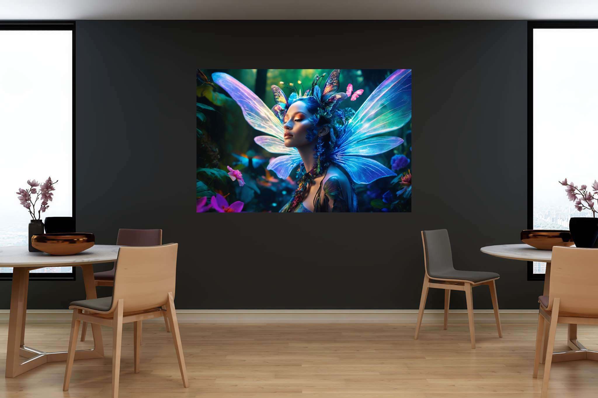 Butterfly enchantress dreamland: Whimsical art with fantastical sculptures, in a room with great design, fine art prints, and stylish accessories. The art can be printed on poster, framed poster, canvas, metal, acrylic or wood, exclusively at WallArtZen. Find this exact print at https://wallartzen.com/waz51