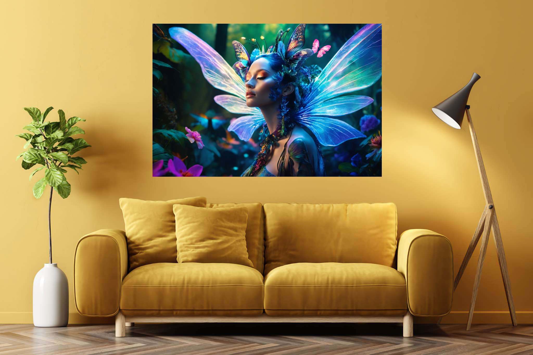 Butterfly enchantress dreamland: Whimsical art with whimsical art expressions, in a room with modern style, framed art, and artisan decor. The art can be printed on poster, framed poster, canvas, metal, acrylic or wood, exclusively at WallArtZen. Find this exact print at https://wallartzen.com/waz51