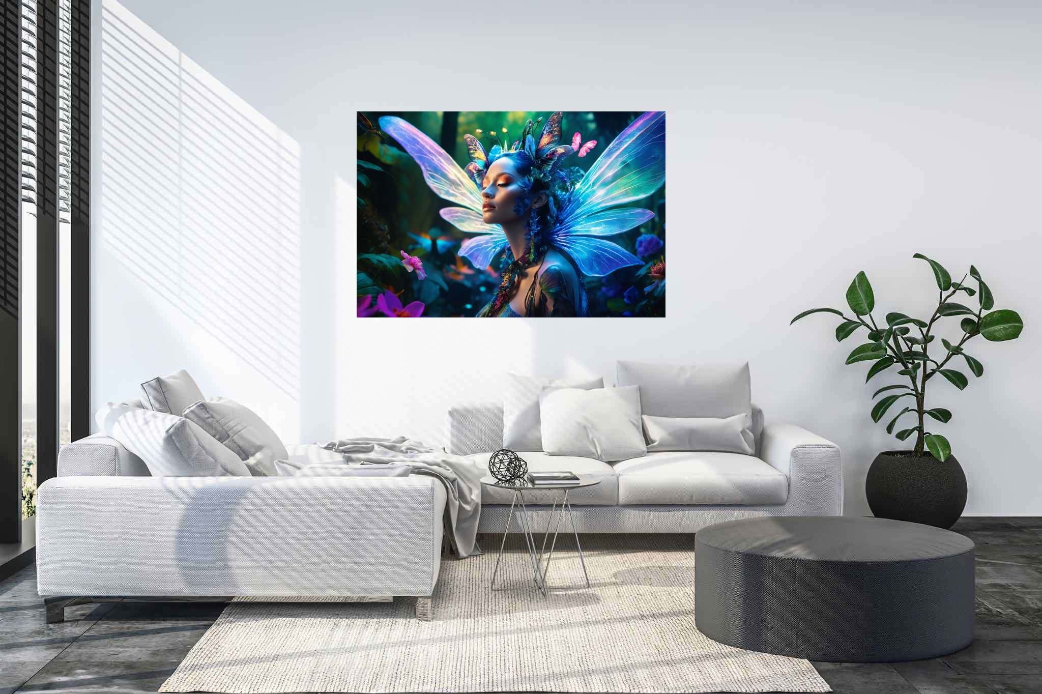 Butterfly enchantress dreamland: Whimsical art with imaginative artworks, in a room with chic decor, bespoke art designs, and elegant home goods. The art can be printed on poster, framed poster, canvas, metal, acrylic or wood, exclusively at WallArtZen. Find this exact print at https://wallartzen.com/waz51