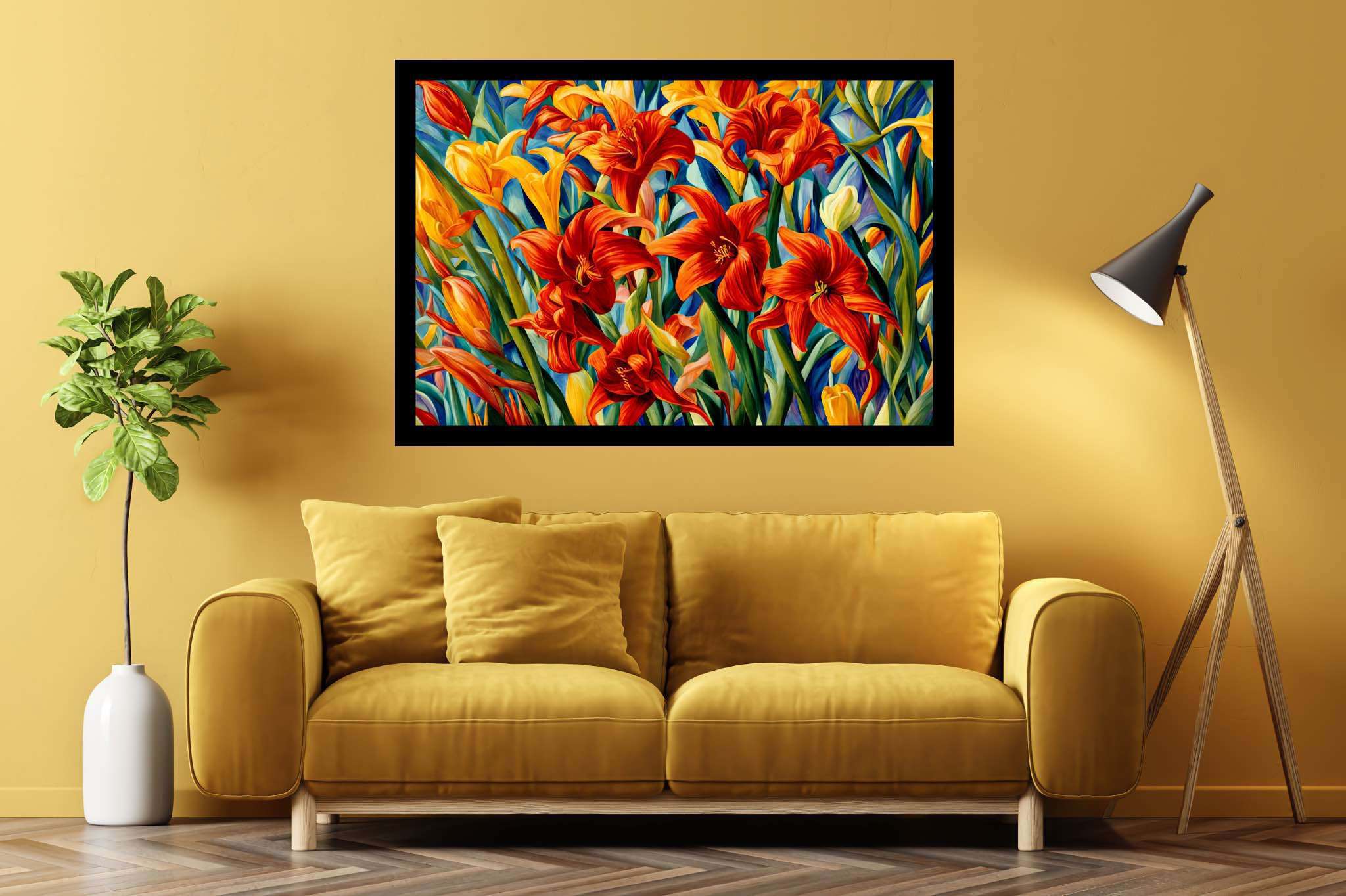 Bloom symphony serenade: Vibrant garden art with energetic garden ornaments, in a room with innovative layout, photographic wall art, and luxe decor. The art can be printed on poster, framed poster, canvas, metal, acrylic or wood, exclusively at WallArtZen. Find this exact print at https://wallartzen.com/waz52