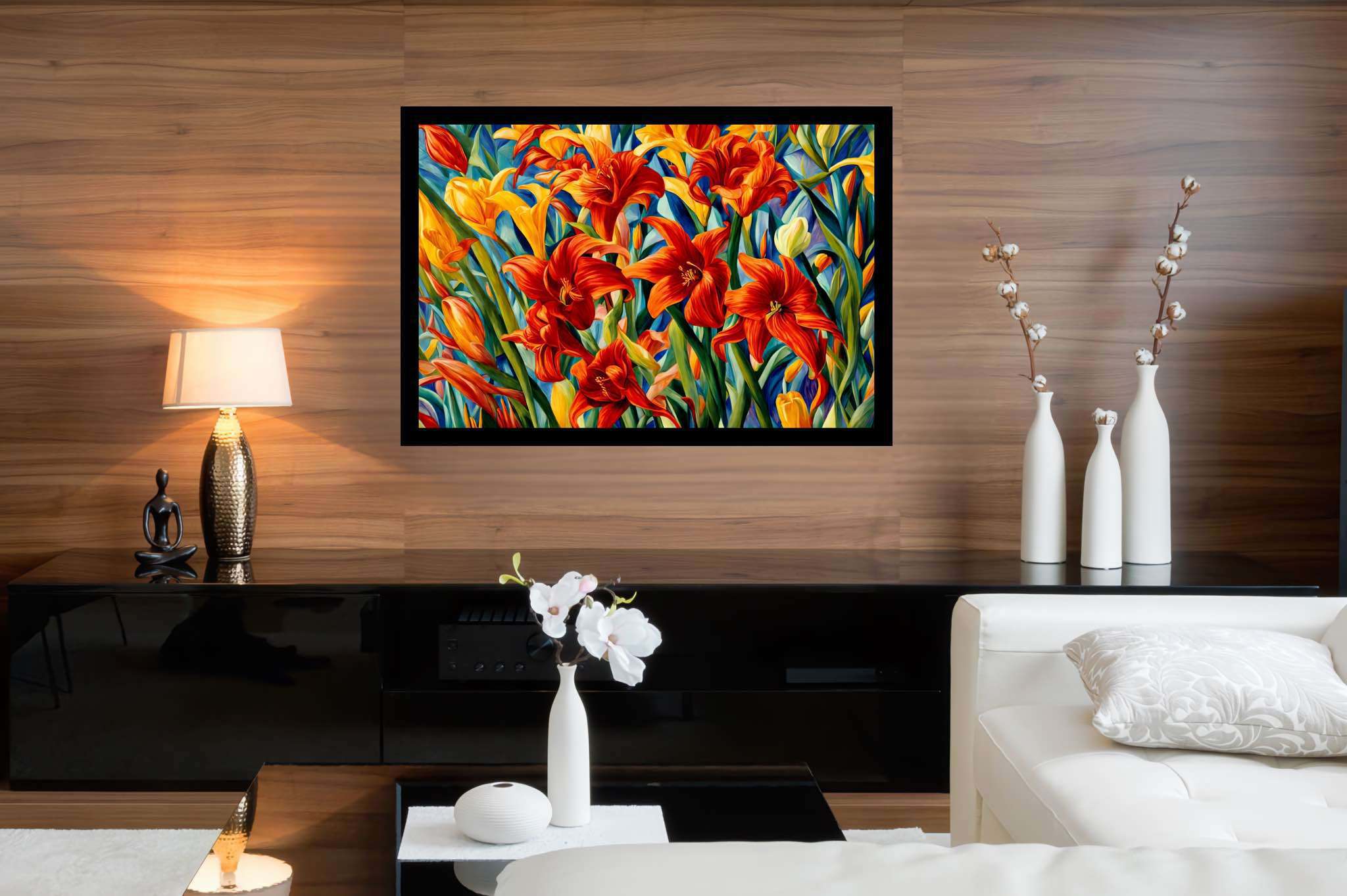 Bloom symphony serenade: Vibrant garden art with vibrant garden art, in a room with innovative layout, digital art pieces, and trendy home accents. The art can be printed on poster, framed poster, canvas, metal, acrylic or wood, exclusively at WallArtZen. Find this exact print at https://wallartzen.com/waz52