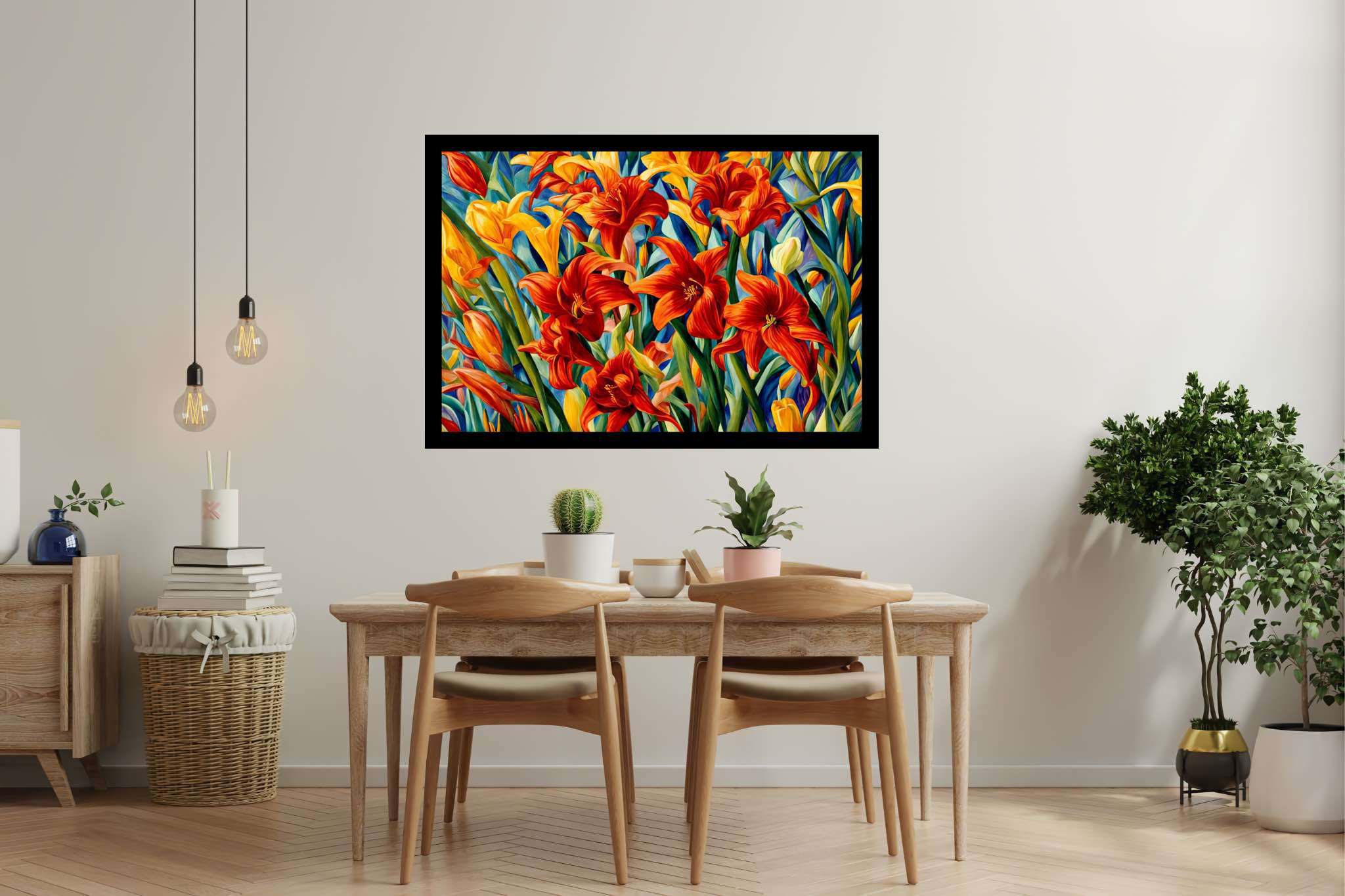 Bloom symphony serenade: Vibrant garden art with vibrant garden photography, in a room with classic elegance, framed art, and home styling items. The art can be printed on poster, framed poster, canvas, metal, acrylic or wood, exclusively at WallArtZen. Find this exact print at https://wallartzen.com/waz52