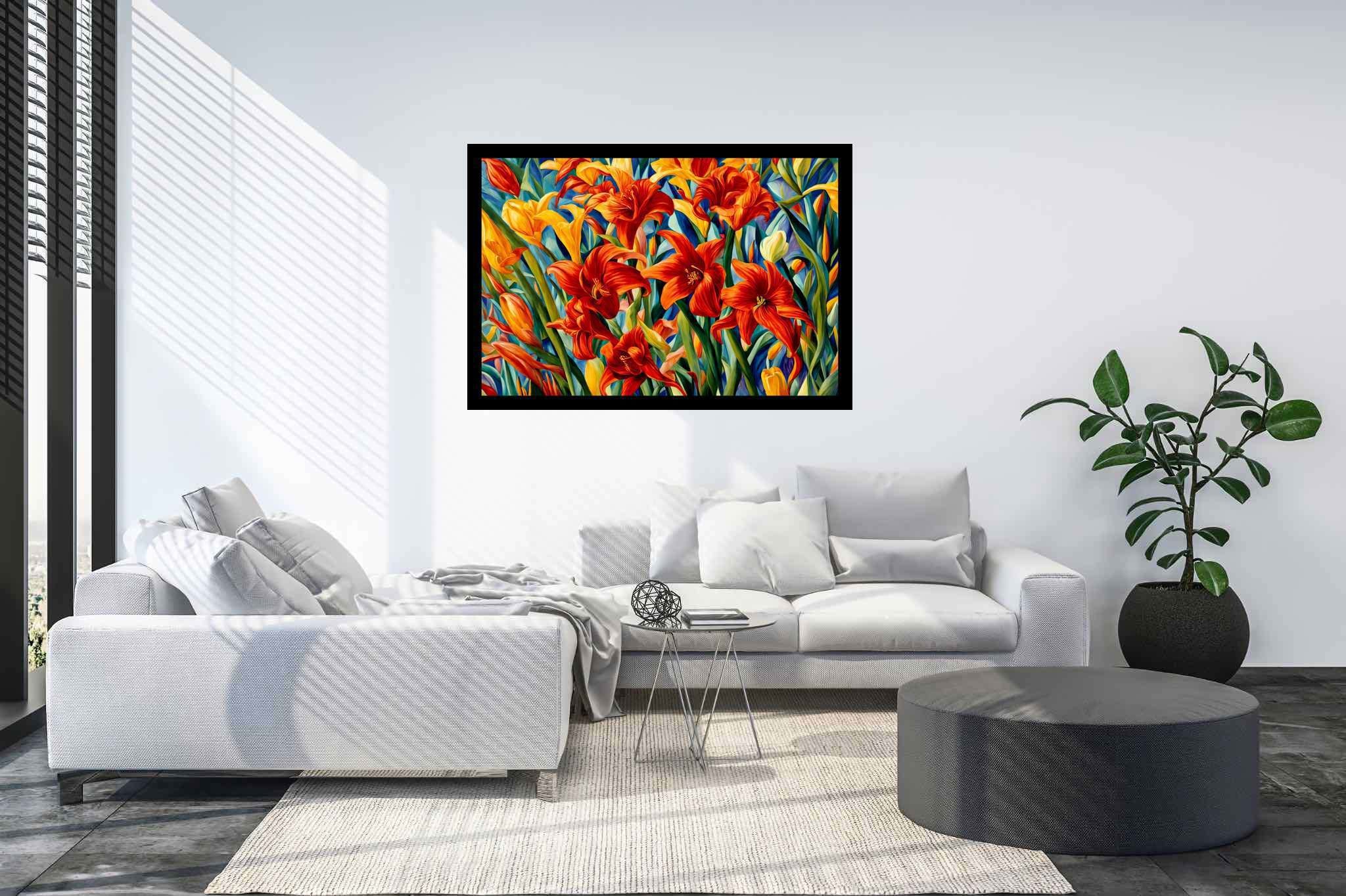 Bloom symphony serenade: Vibrant garden art with lively garden decor, in a room with chic decor, fine art prints, and decorative pieces. The art can be printed on poster, framed poster, canvas, metal, acrylic or wood, exclusively at WallArtZen. Find this exact print at https://wallartzen.com/waz52