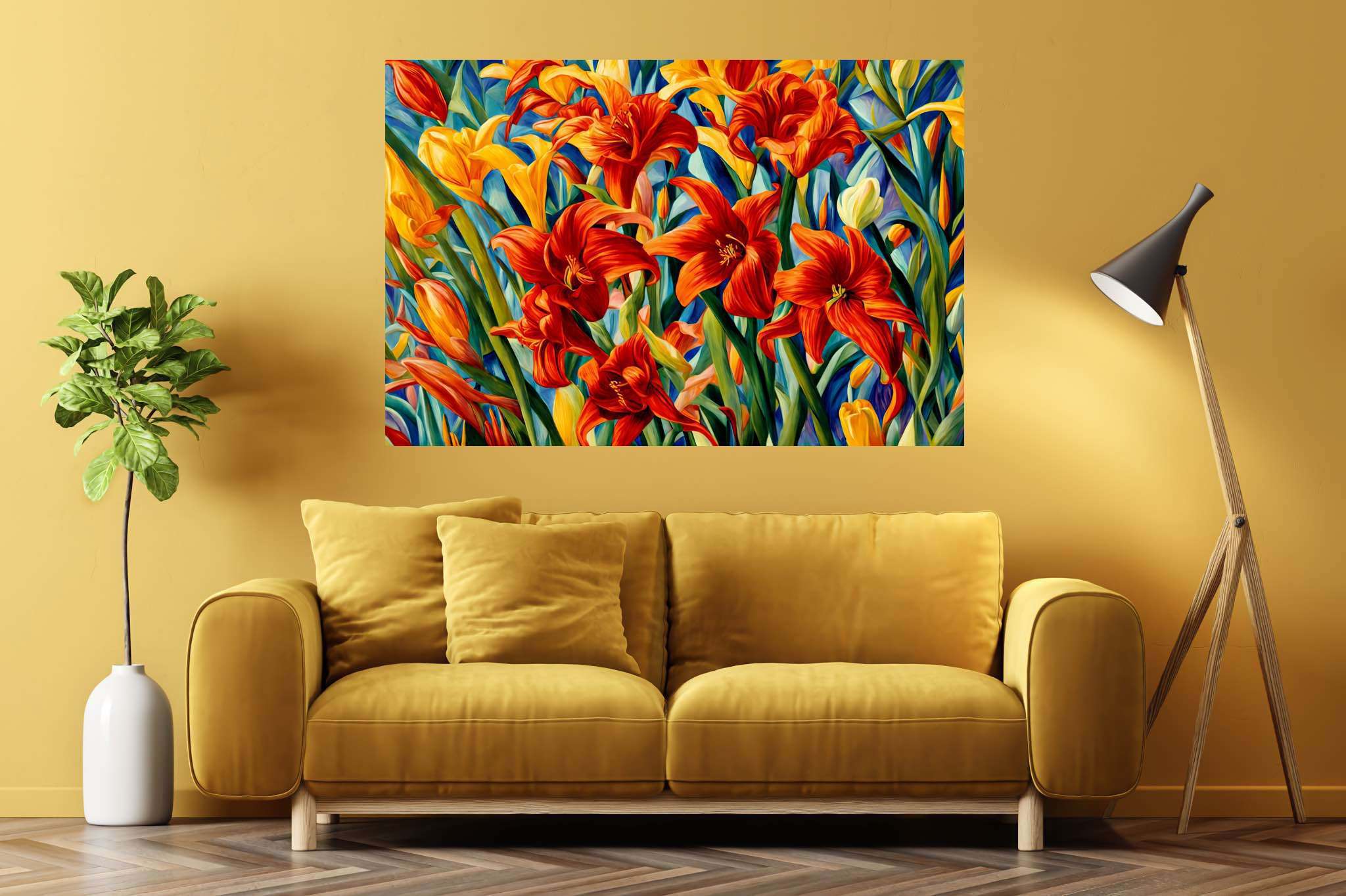 Bloom symphony serenade: Vibrant garden art with colorful outdoor sculptures, in a room with chic decor, abstract paintings, and interior decorations. The art can be printed on poster, framed poster, canvas, metal, acrylic or wood, exclusively at WallArtZen. Find this exact print at https://wallartzen.com/waz52