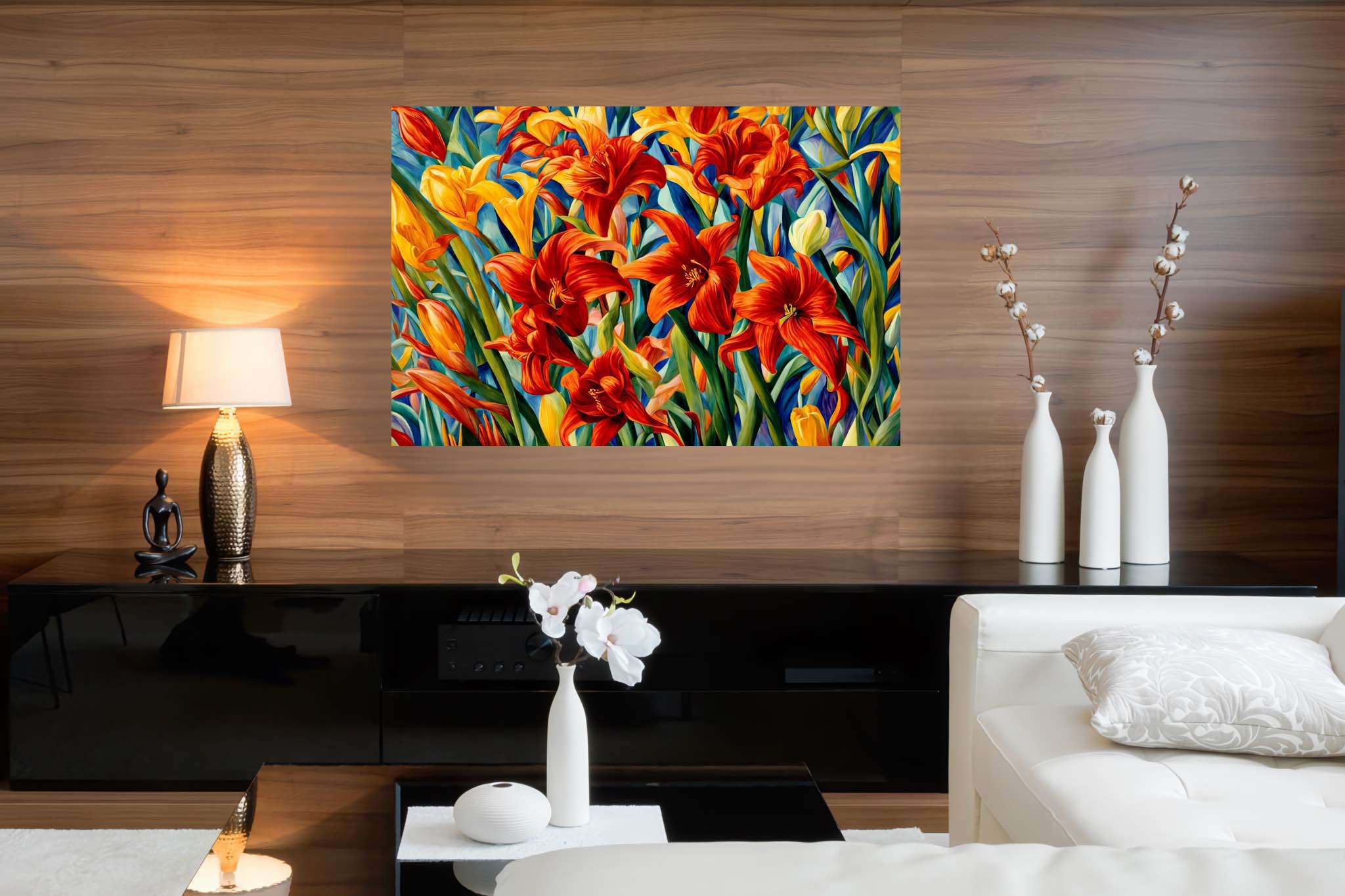 Bloom symphony serenade: Vibrant garden art with expressive outdoor artwork, in a room with elegant layout, digital art pieces, and elegant home goods. The art can be printed on poster, framed poster, canvas, metal, acrylic or wood, exclusively at WallArtZen. Find this exact print at https://wallartzen.com/waz52