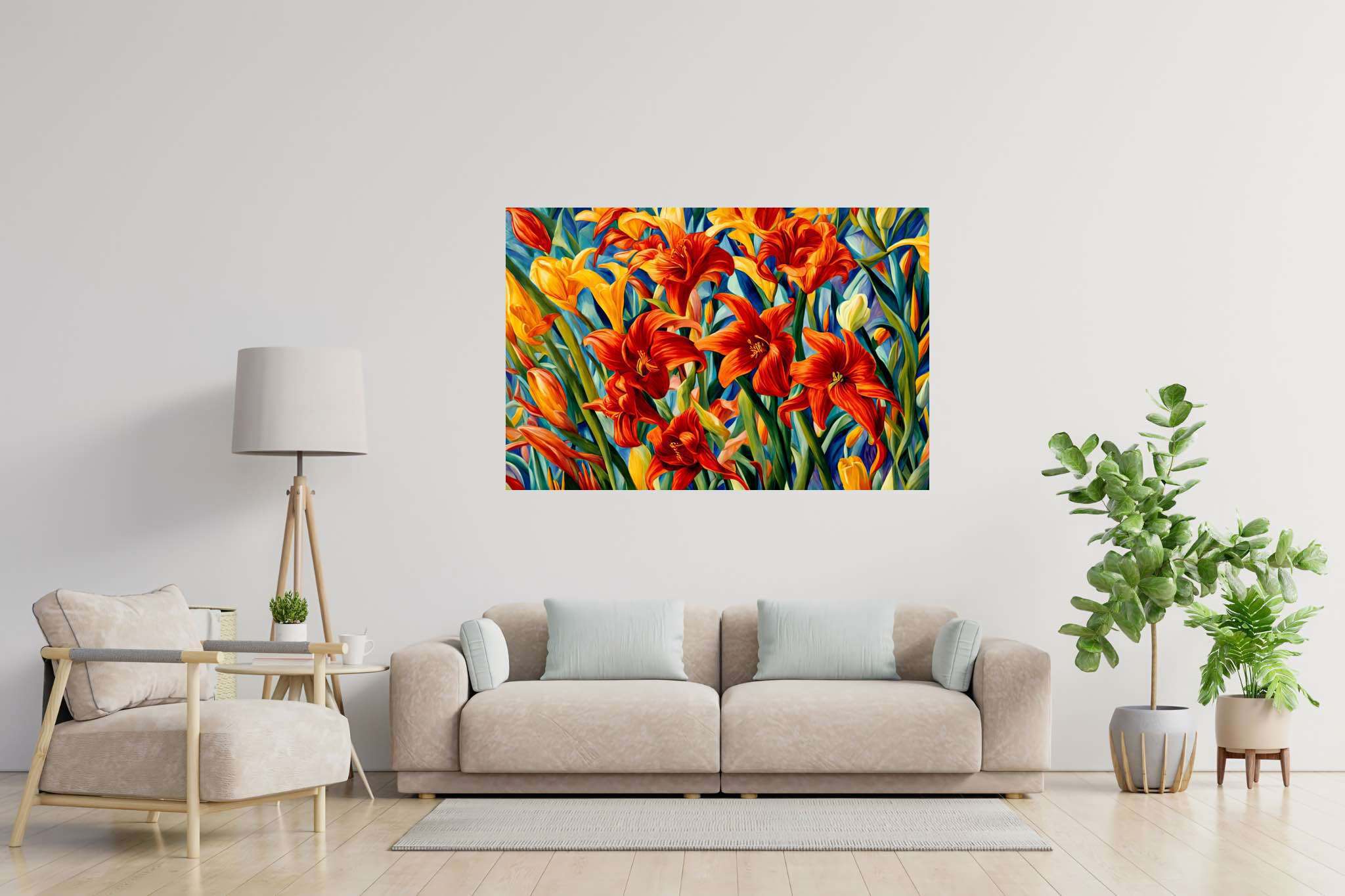 Bloom symphony serenade: Vibrant garden art with vibrant garden art, in a room with urban design, bespoke art designs, and artisan decor. The art can be printed on poster, framed poster, canvas, metal, acrylic or wood, exclusively at WallArtZen. Find this exact print at https://wallartzen.com/waz52