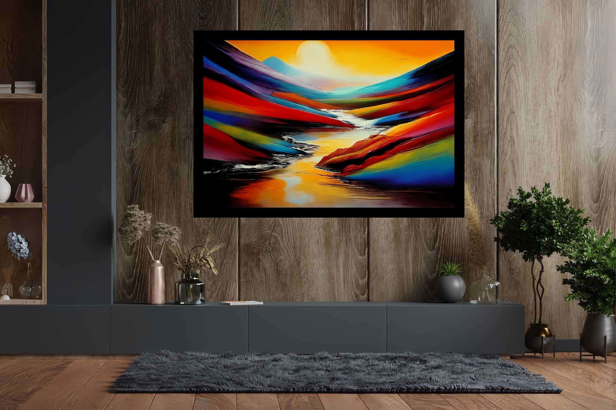Silent overture of dusk: Landscape art with landscape painting, in a room with elegant layout, wall art, and designer furniture. The art can be printed on poster, framed poster, canvas, metal, acrylic or wood, exclusively at WallArtZen. Find this exact print at https://wallartzen.com/waz53