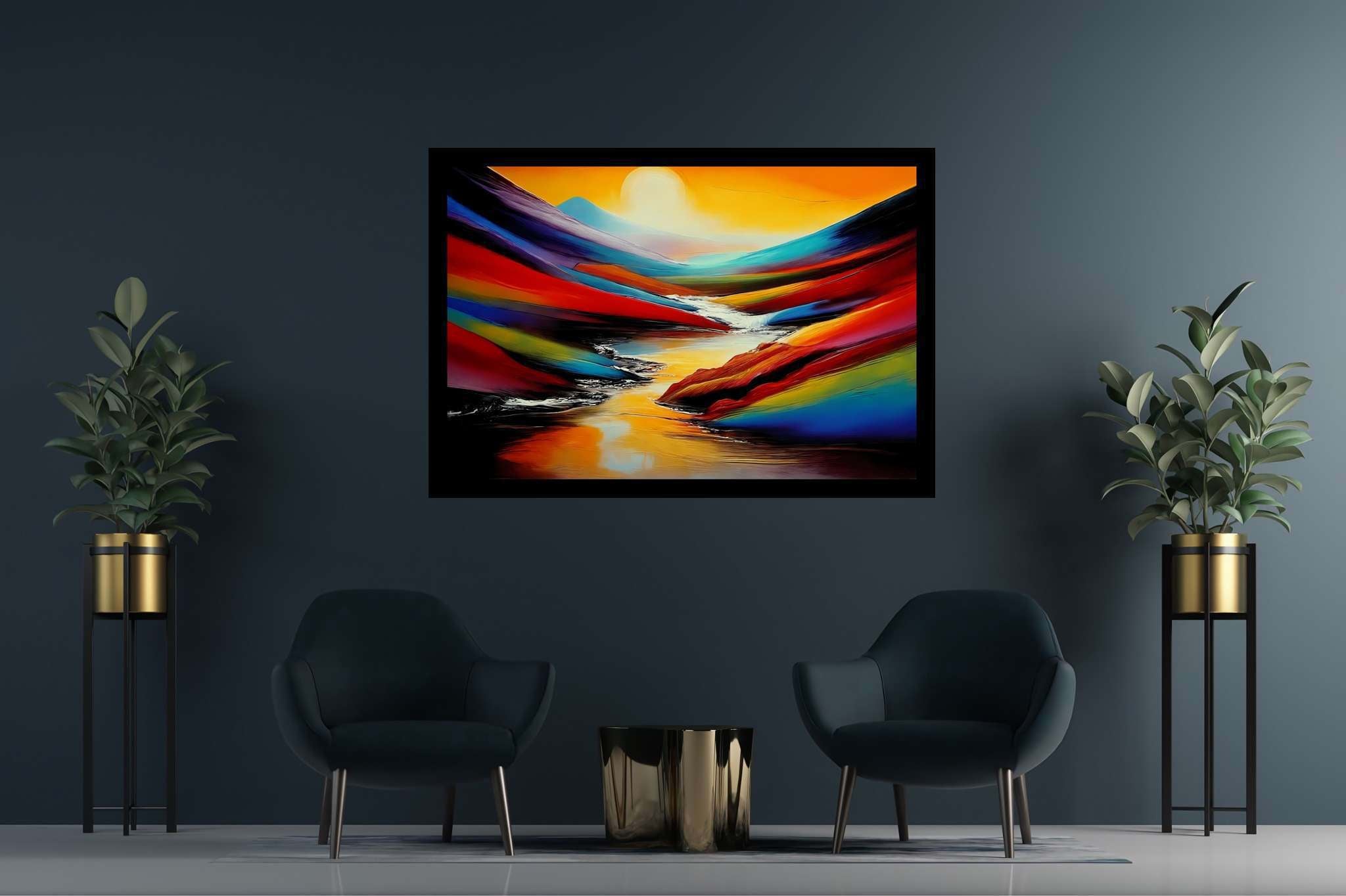 Silent overture of dusk: Landscape art with landscape art, in a room with great design, gallery-quality artwork, and luxe decor. The art can be printed on poster, framed poster, canvas, metal, acrylic or wood, exclusively at WallArtZen. Find this exact print at https://wallartzen.com/waz53