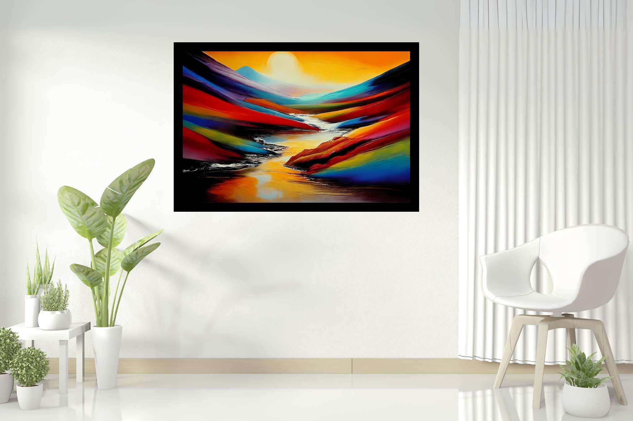 Silent overture of dusk: Landscape art with landscape art, in a room with urban design, mural artworks, and decorative pieces. The art can be printed on poster, framed poster, canvas, metal, acrylic or wood, exclusively at WallArtZen. Find this exact print at https://wallartzen.com/waz53