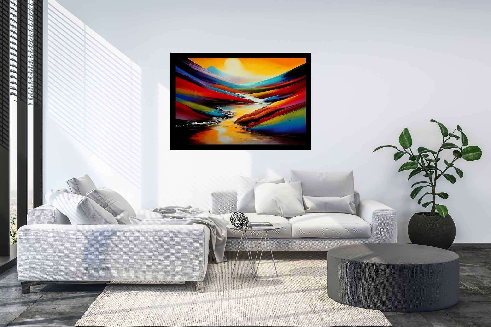 Silent overture of dusk: Landscape art with serene landscapes, in a room with classic elegance, canvas prints, and stylish accessories. The art can be printed on poster, framed poster, canvas, metal, acrylic or wood, exclusively at WallArtZen. Find this exact print at https://wallartzen.com/waz53