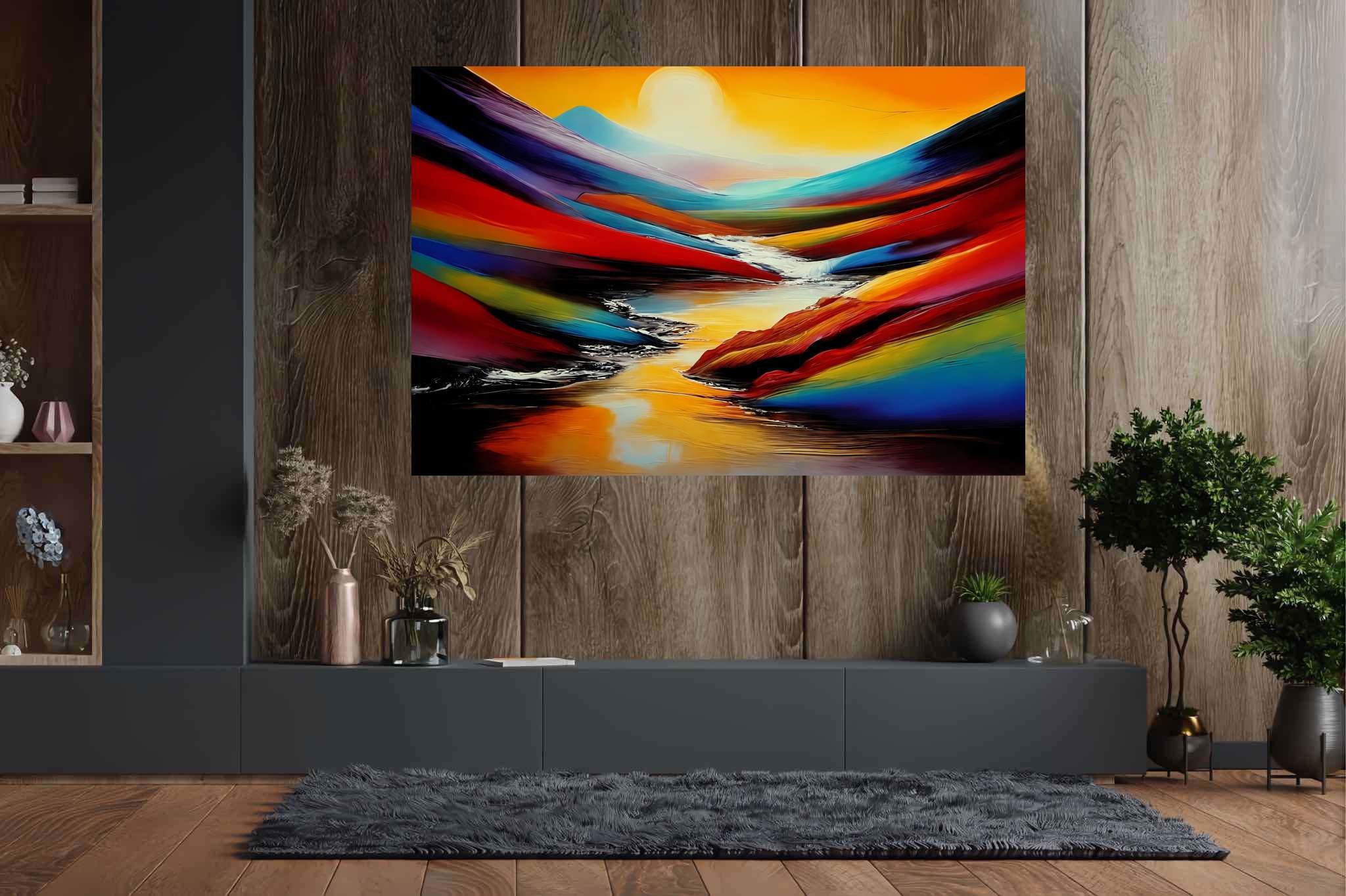 Silent overture of dusk: Landscape art with outdoor scenery, in a room with minimalist approach, wall hangings, and designer furniture. The art can be printed on poster, framed poster, canvas, metal, acrylic or wood, exclusively at WallArtZen. Find this exact print at https://wallartzen.com/waz53