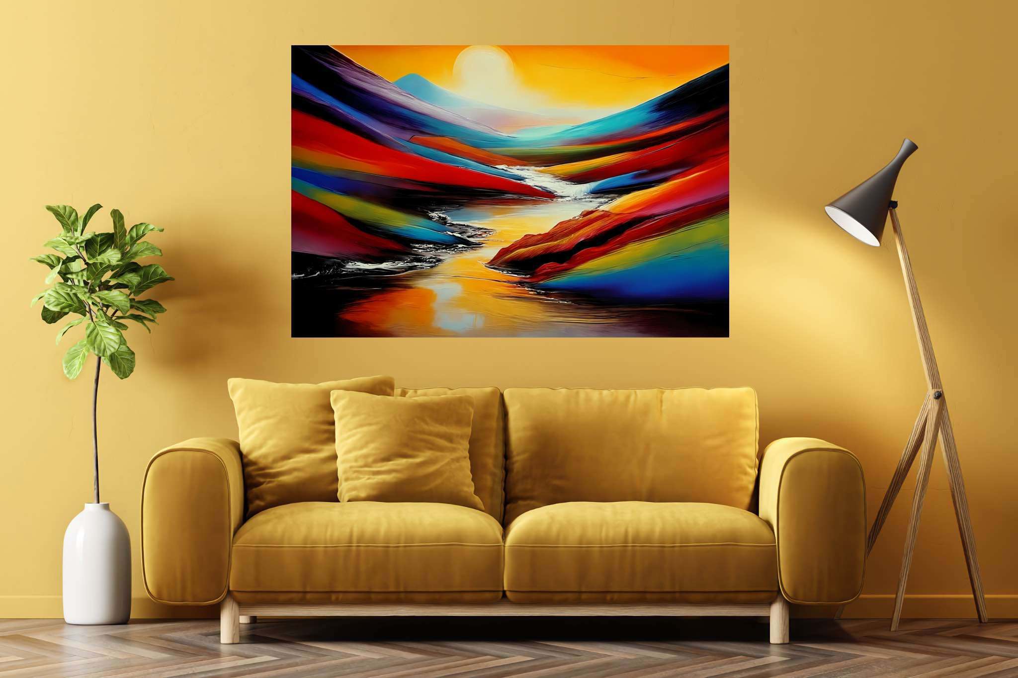 Silent overture of dusk: Landscape art with artistic landscapes, in a room with urban design, bespoke art designs, and stylish accessories. The art can be printed on poster, framed poster, canvas, metal, acrylic or wood, exclusively at WallArtZen. Find this exact print at https://wallartzen.com/waz53