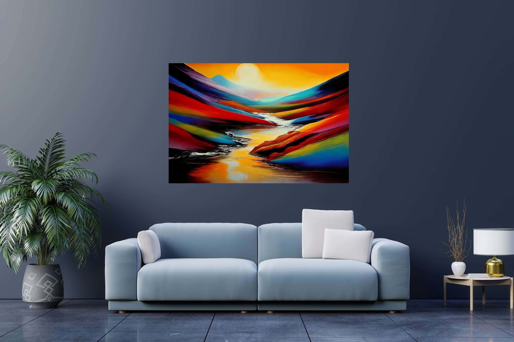 Silent overture of dusk: Landscape art with serene landscapes, in a room with contemporary flair, wall hangings, and artisan decor. The art can be printed on poster, framed poster, canvas, metal, acrylic or wood, exclusively at WallArtZen. Find this exact print at https://wallartzen.com/waz53
