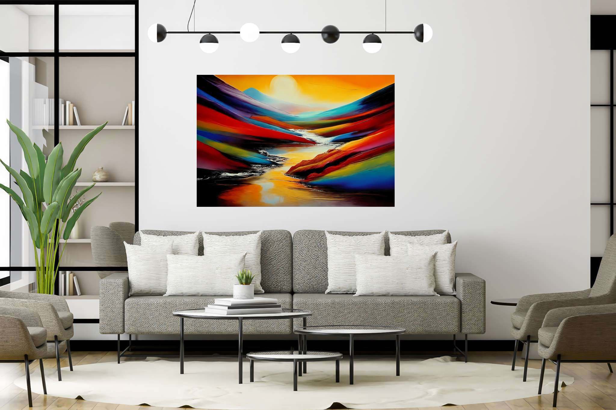 Silent overture of dusk: Landscape art with outdoor scenery, in a room with innovative layout, mural artworks, and trendy home accents. The art can be printed on poster, framed poster, canvas, metal, acrylic or wood, exclusively at WallArtZen. Find this exact print at https://wallartzen.com/waz53