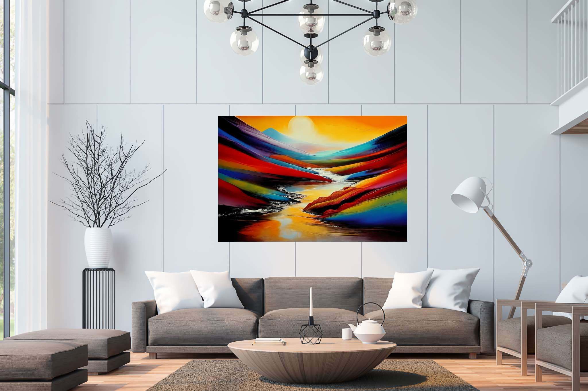Silent overture of dusk: Landscape art with artistic landscapes, in a room with contemporary flair, framed art, and trendy home accents. The art can be printed on poster, framed poster, canvas, metal, acrylic or wood, exclusively at WallArtZen. Find this exact print at https://wallartzen.com/waz53