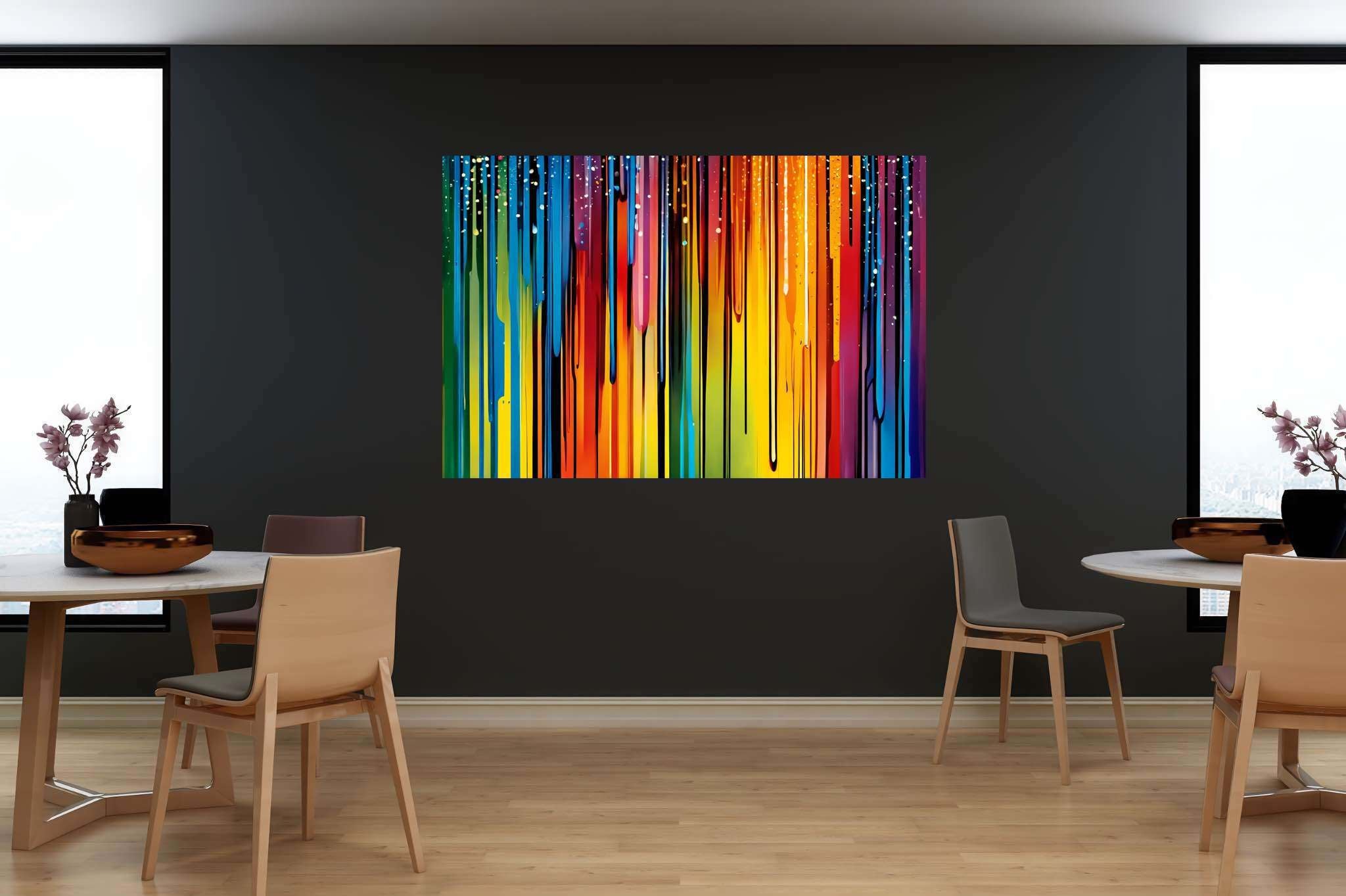 Chromatic symphony unleashed: Colorful abstract art with bold brush strokes, in a room with modern style, canvas prints, and luxe decor. The art can be printed on poster, framed poster, canvas, metal, acrylic or wood, exclusively at WallArtZen. Find this exact print at https://wallartzen.com/waz54
