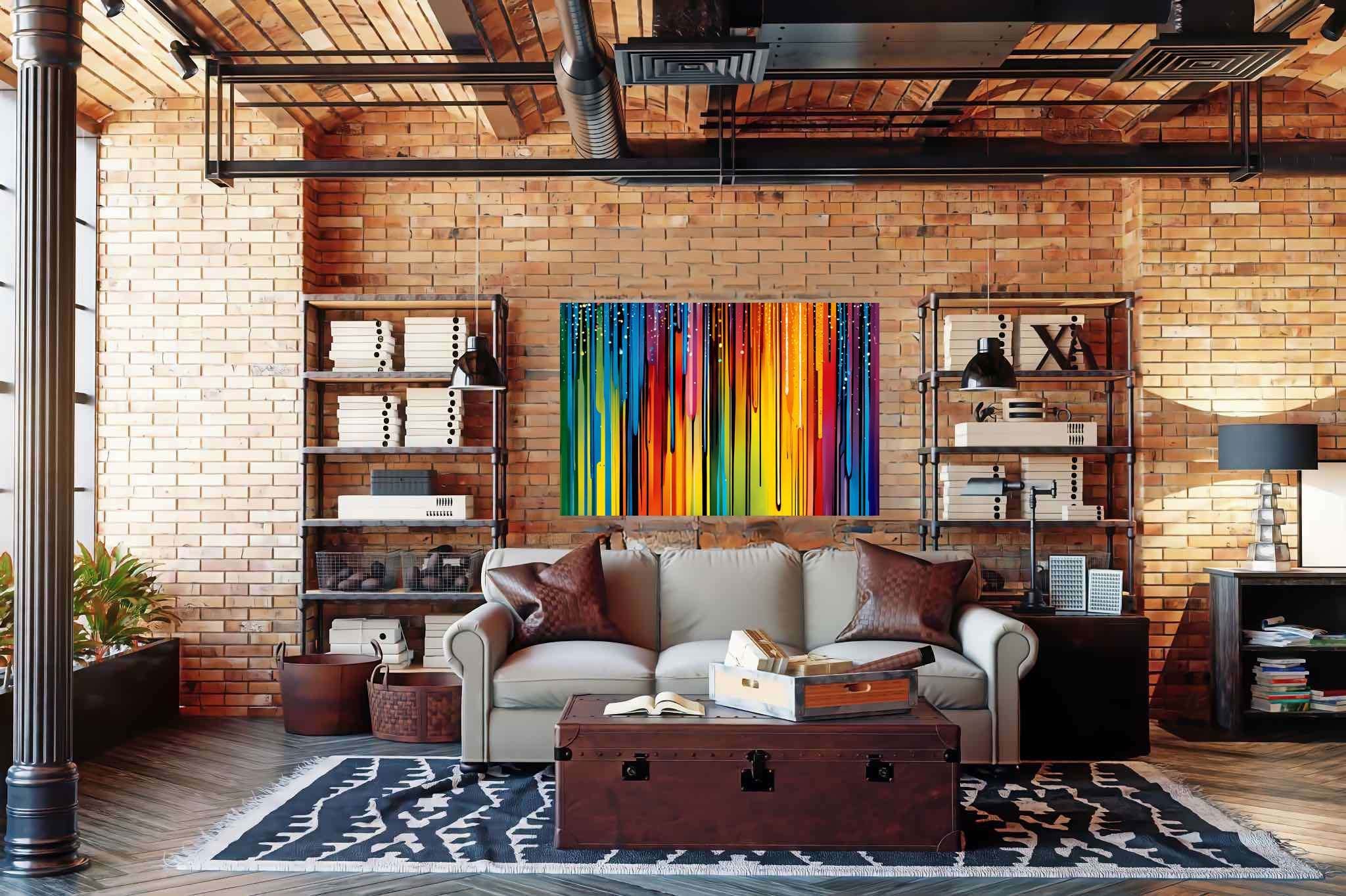 Chromatic symphony unleashed: Colorful abstract art with abstract art prints, in a room with innovative layout, wall hangings, and designer furniture. The art can be printed on poster, framed poster, canvas, metal, acrylic or wood, exclusively at WallArtZen. Find this exact print at https://wallartzen.com/waz54