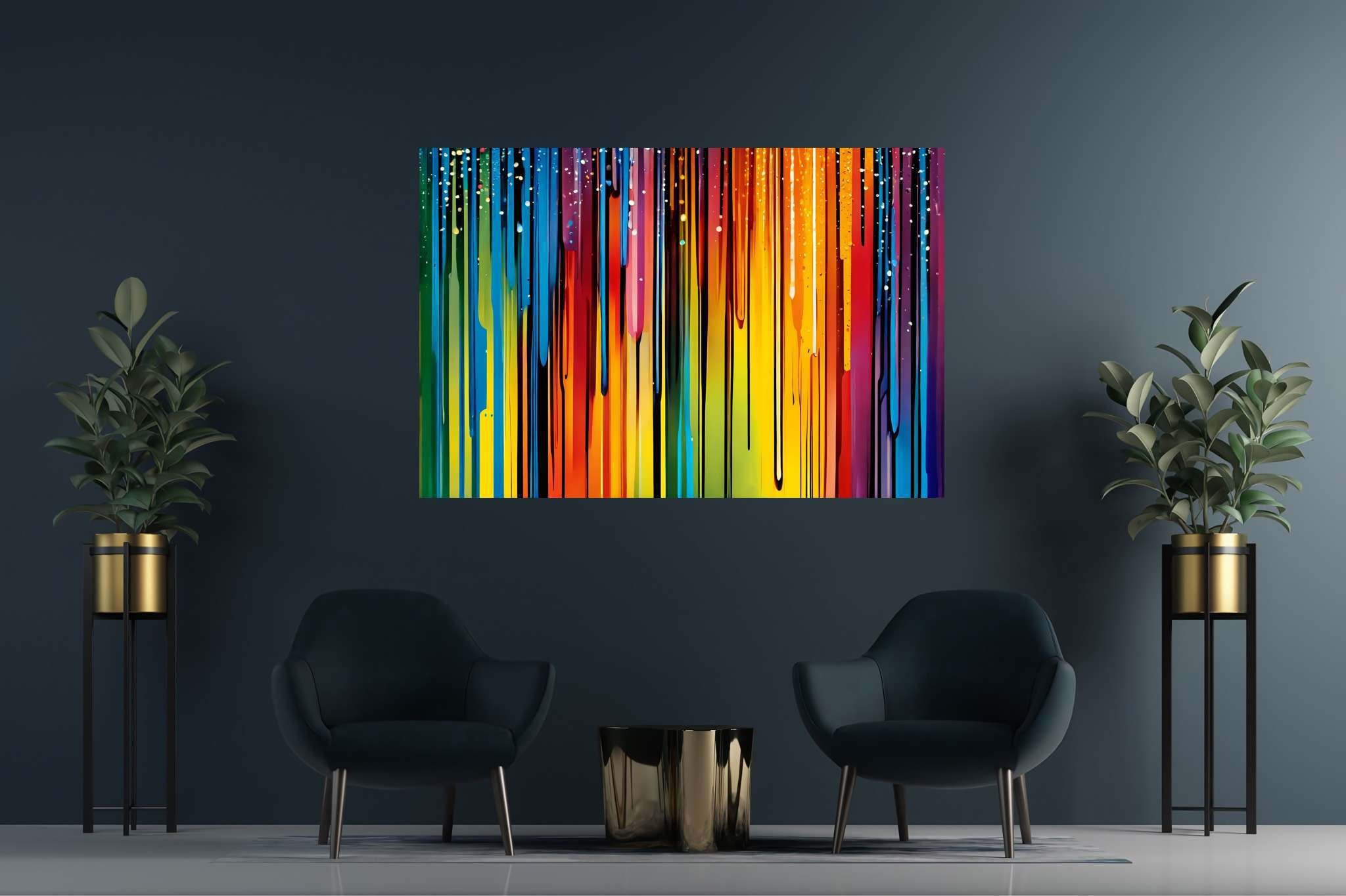 Chromatic symphony unleashed: Colorful abstract art with colorful abstract canvases, in a room with innovative layout, mural artworks, and elegant home goods. The art can be printed on poster, framed poster, canvas, metal, acrylic or wood, exclusively at WallArtZen. Find this exact print at https://wallartzen.com/waz54