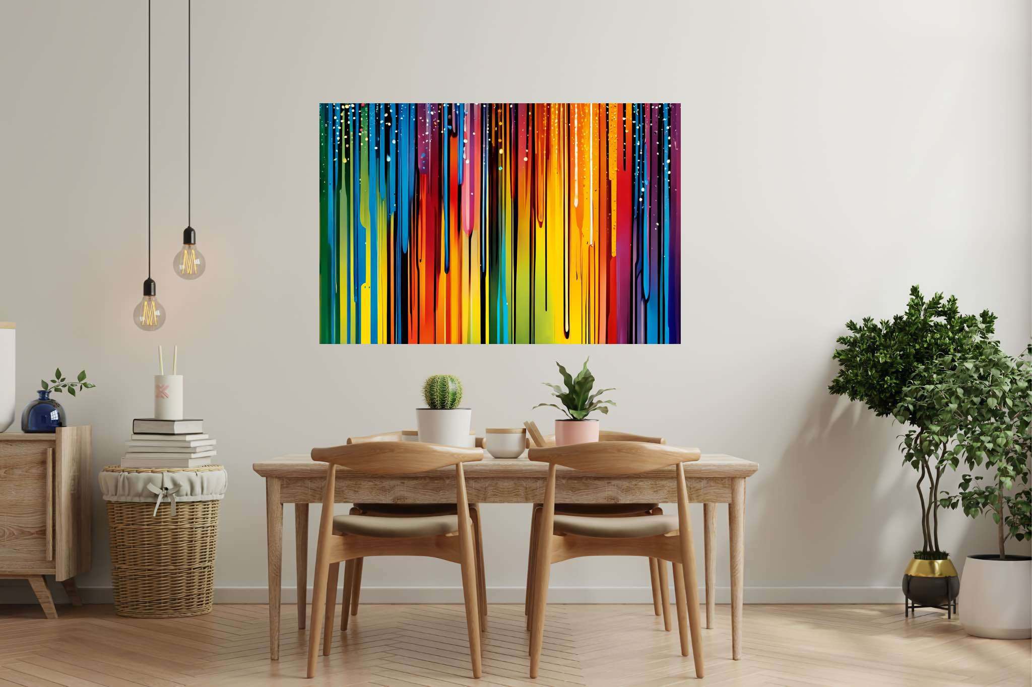 Chromatic symphony unleashed: Colorful abstract art with abstract art prints, in a room with minimalist approach, wall hangings, and designer furniture. The art can be printed on poster, framed poster, canvas, metal, acrylic or wood, exclusively at WallArtZen. Find this exact print at https://wallartzen.com/waz54
