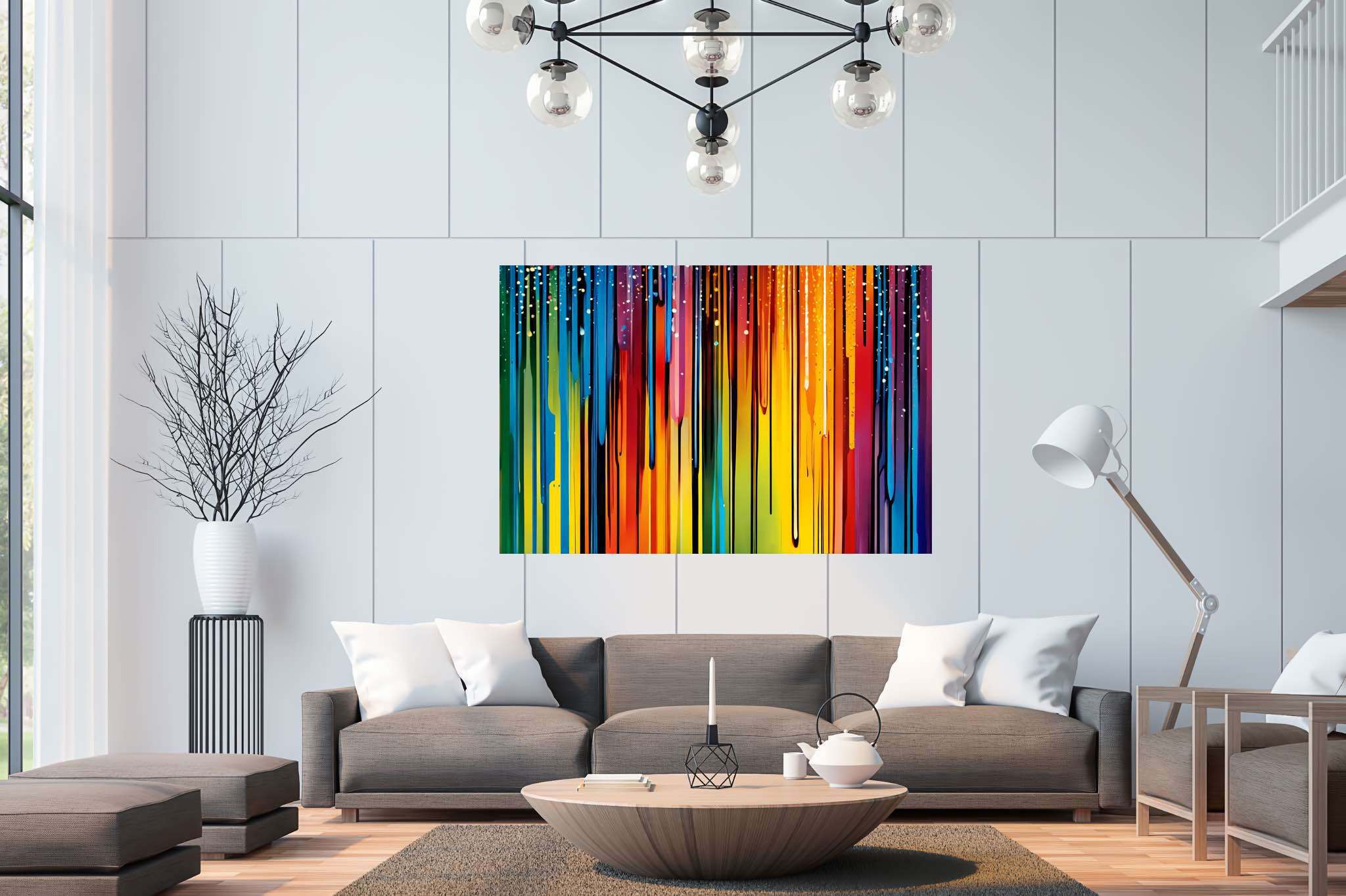 Chromatic symphony unleashed: Colorful abstract art with vibrant art pieces, in a room with classic elegance, mural artworks, and luxe decor. The art can be printed on poster, framed poster, canvas, metal, acrylic or wood, exclusively at WallArtZen. Find this exact print at https://wallartzen.com/waz54